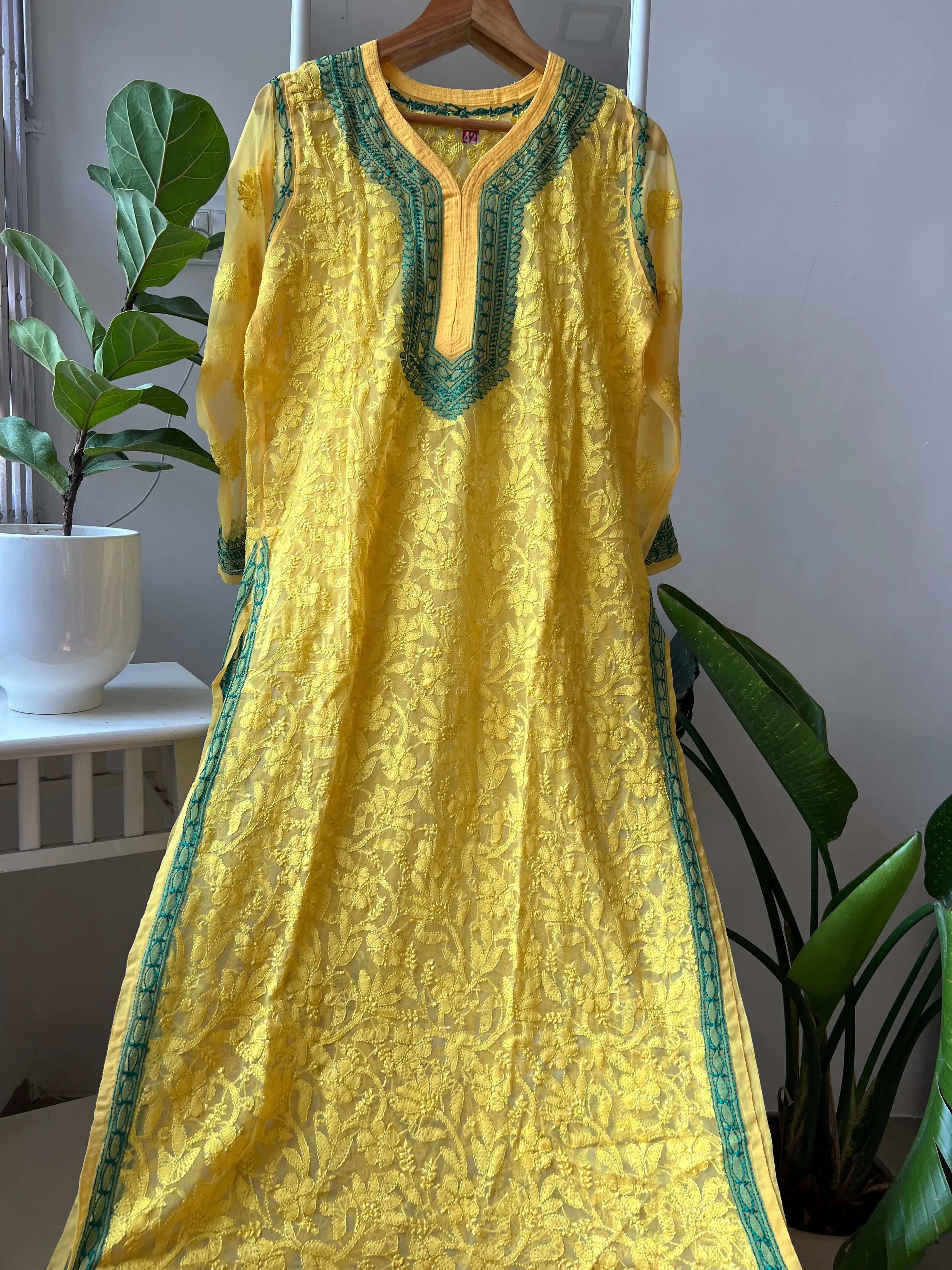 Chikankari Resham Full Jaal Kurti - Yellow ARIAA CHIKANKARI