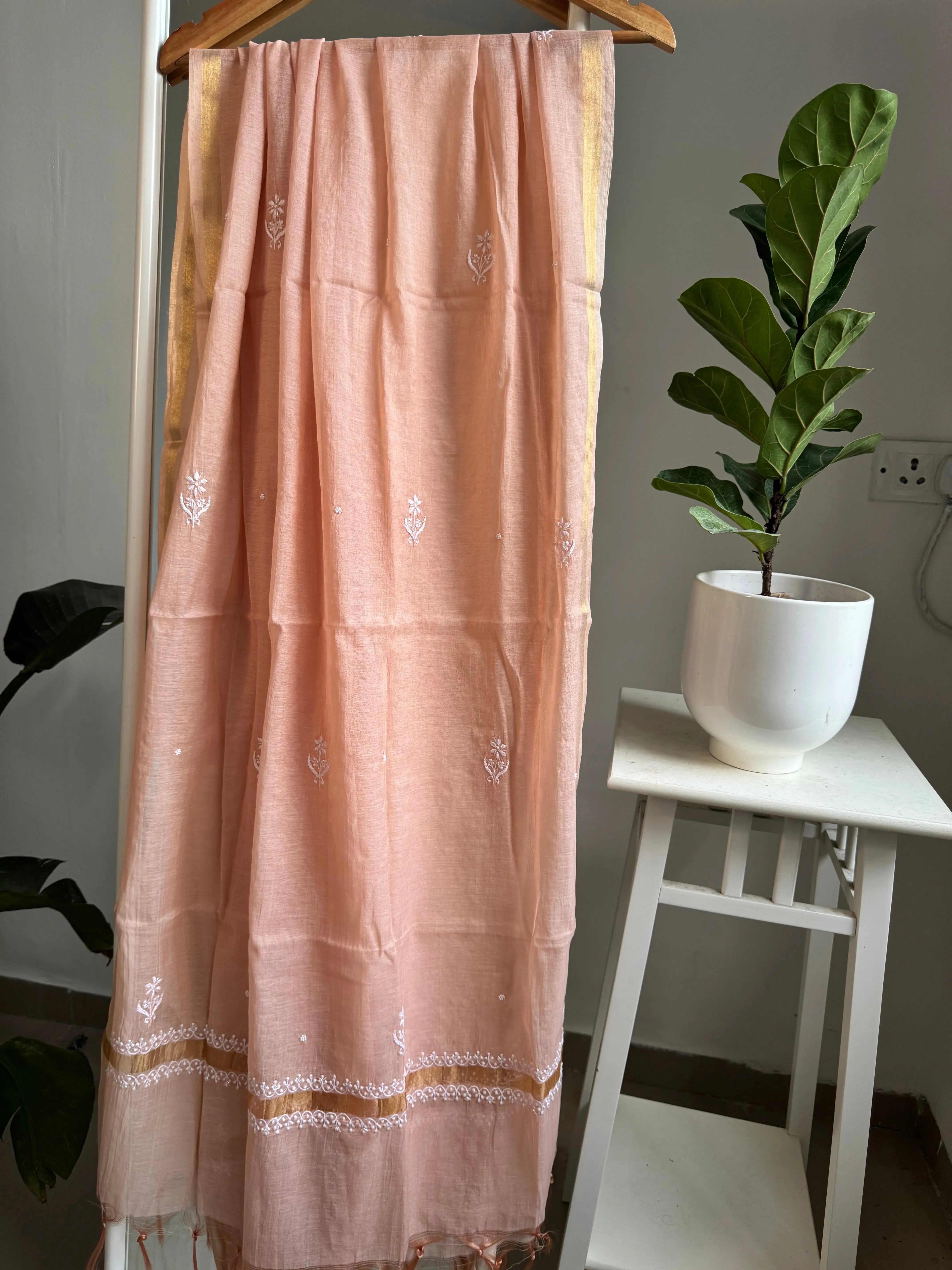 Mul Chanderi Straight Tunic - Peach ARIAA CHIKANKARI