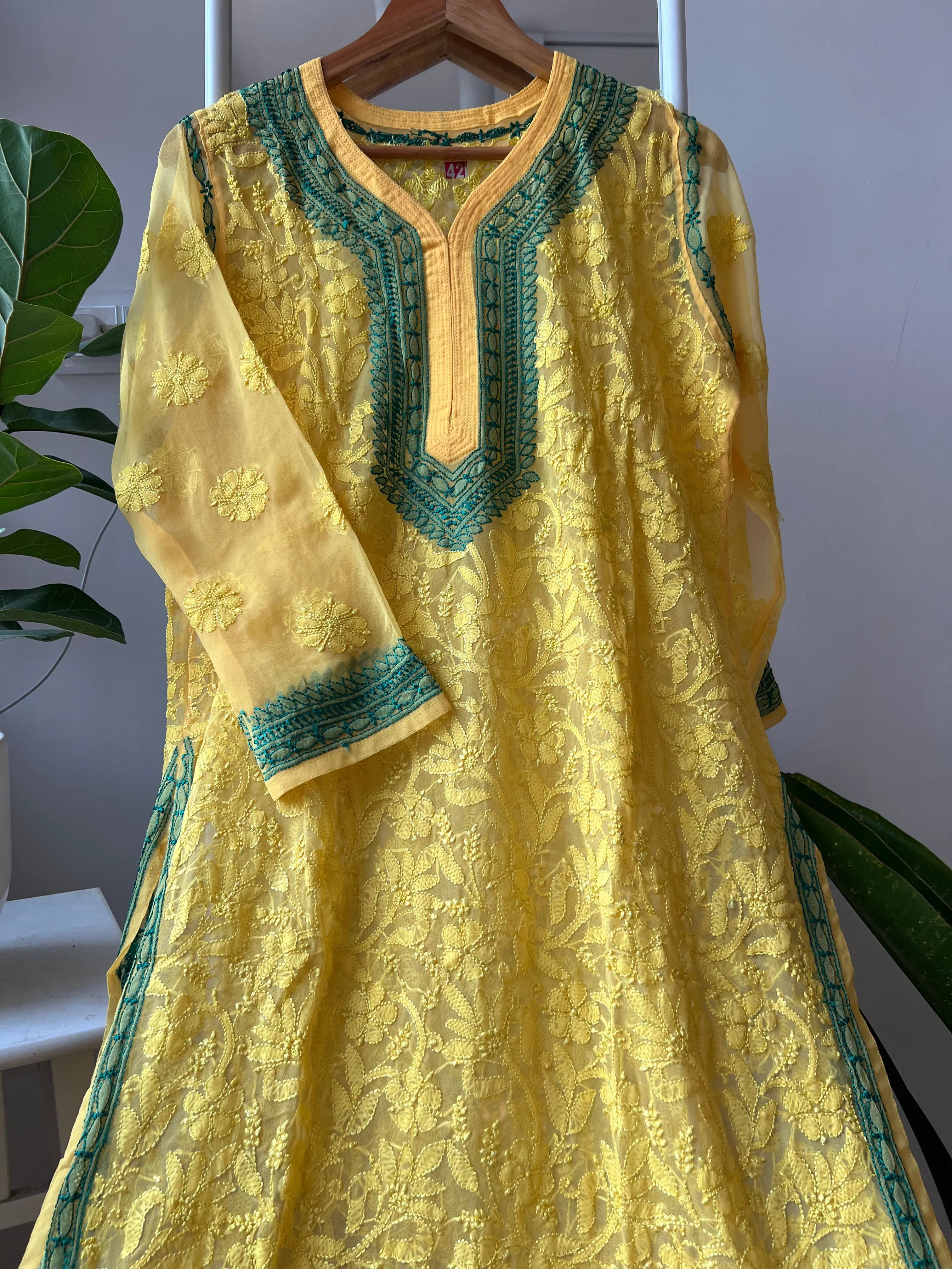 Chikankari Resham Full Jaal Kurti - Yellow ARIAA CHIKANKARI