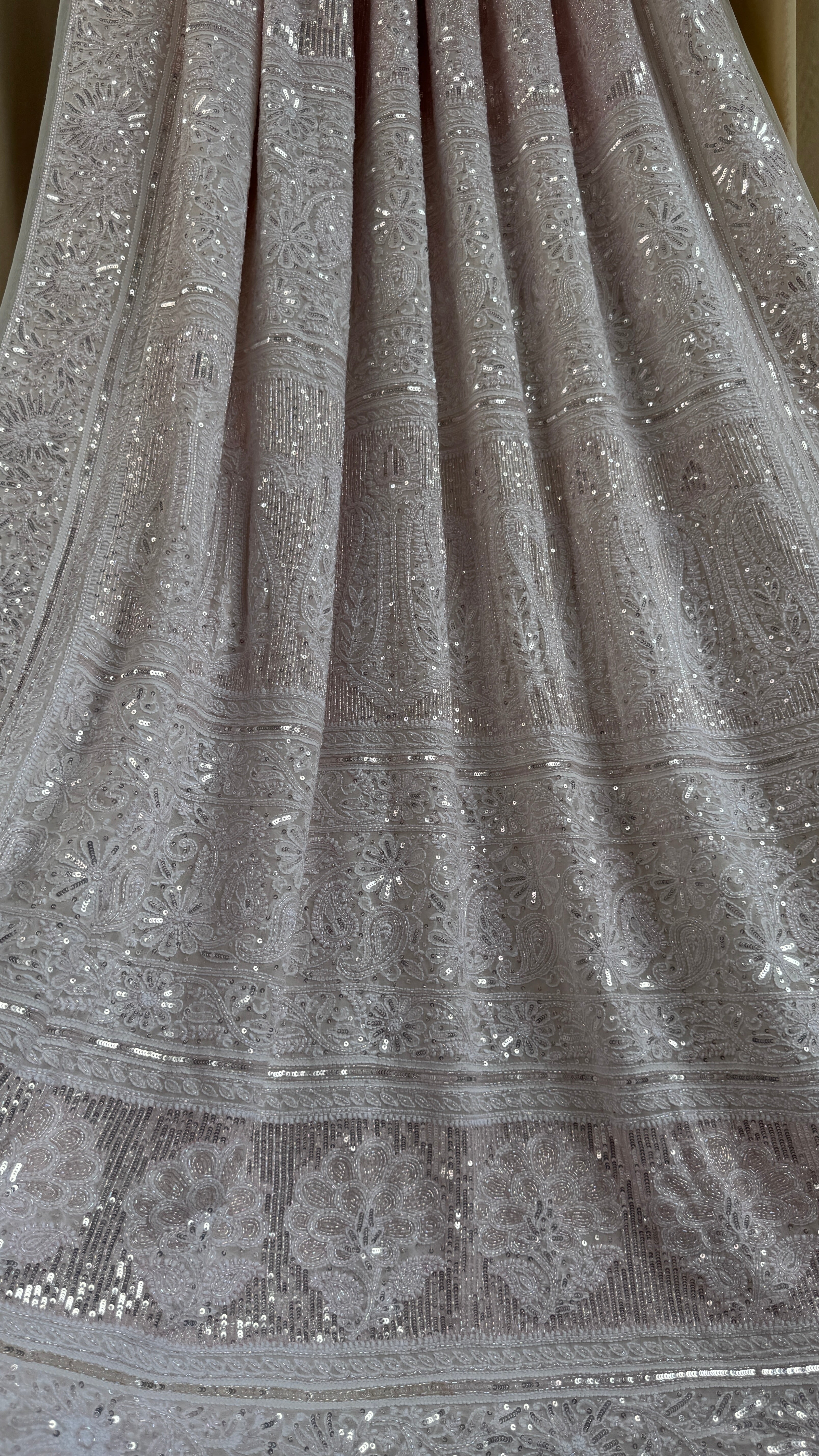Pure Georgette Lucknow Chikankari Saree - white with pink detailing - Rooh Collection