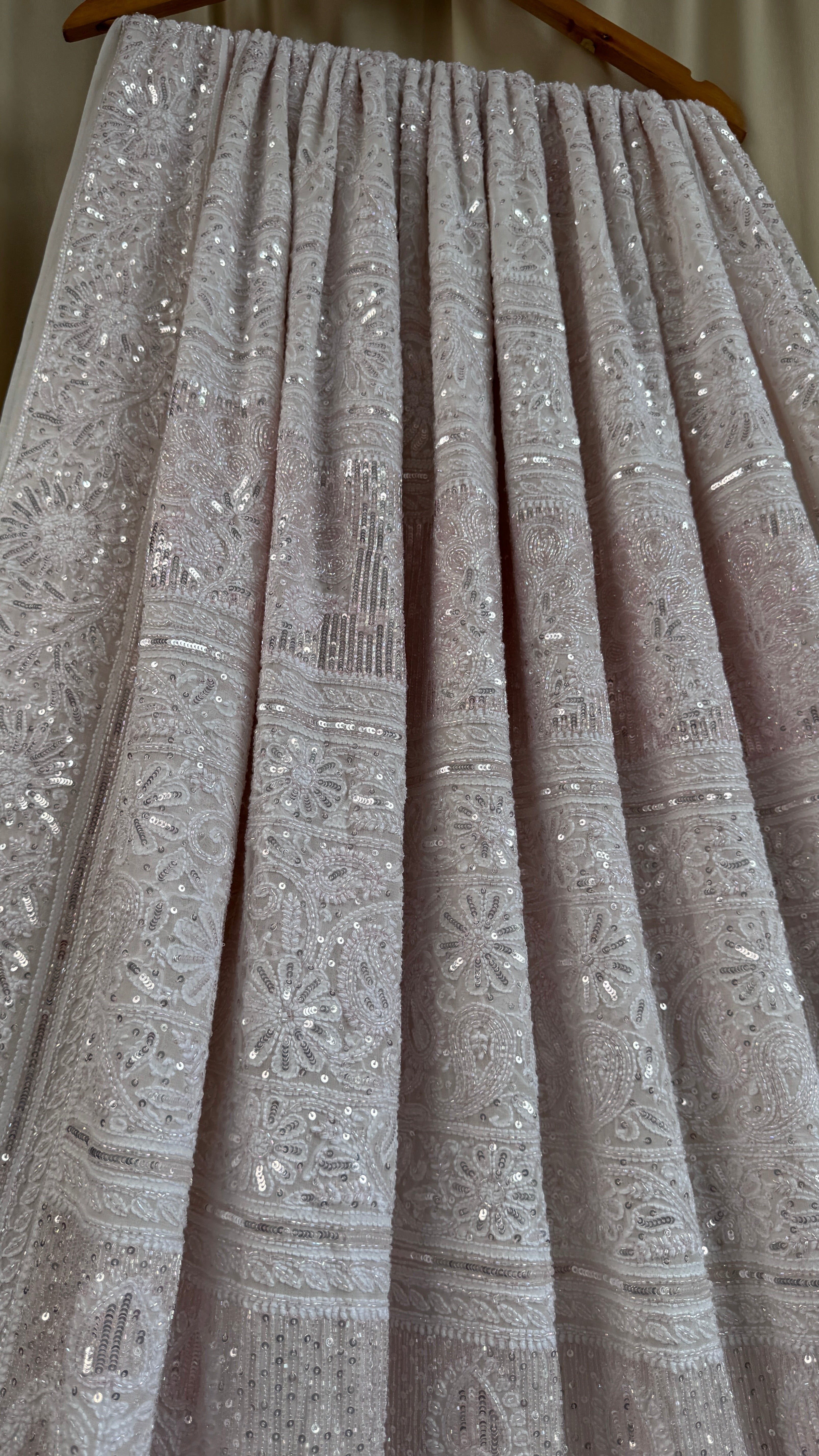 Pure Georgette Lucknow Chikankari Saree - white with pink detailing - Rooh Collection