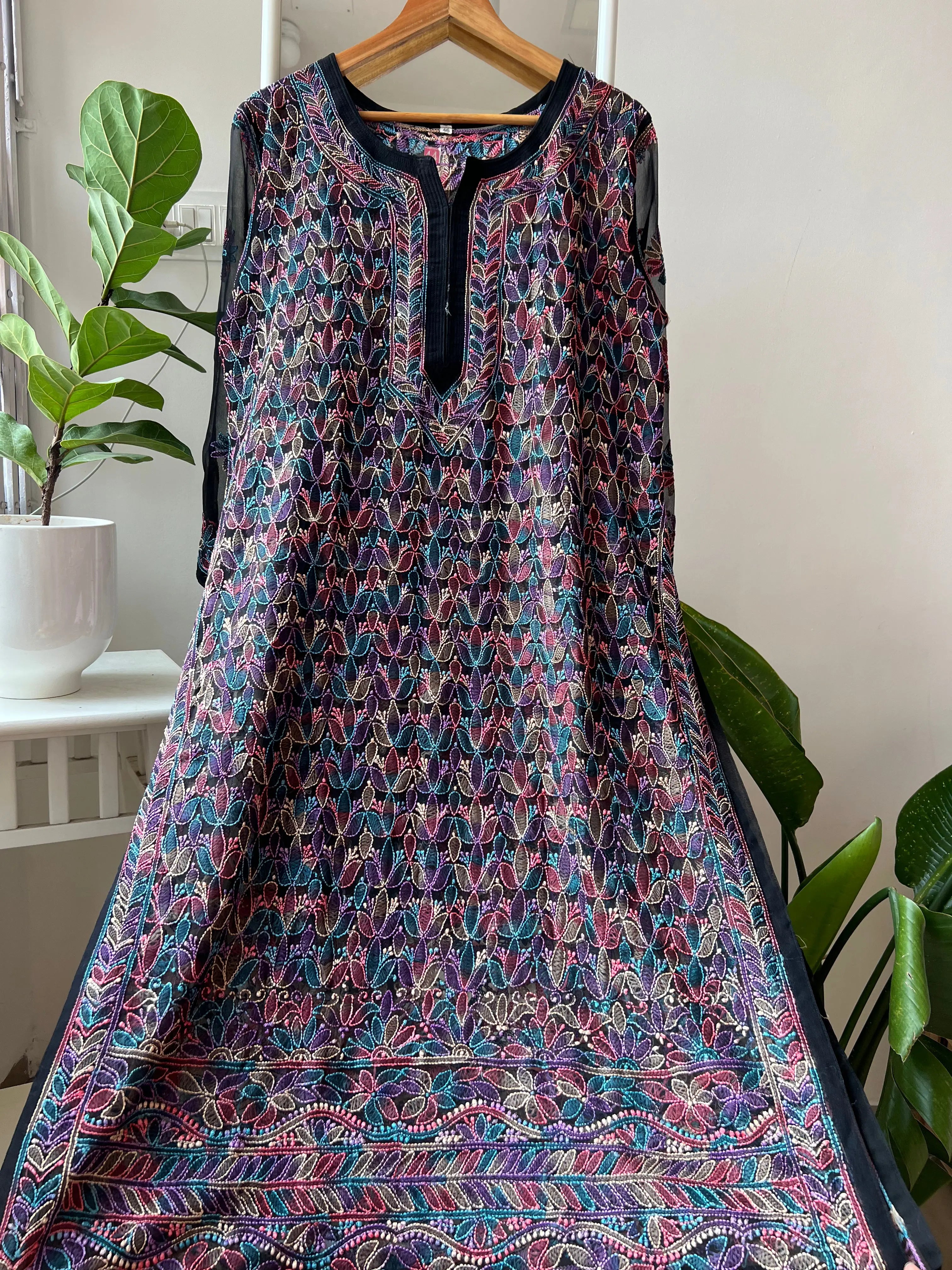 Chikankari Resham Full Jaal Kurti - Black Multi-Color ARIAA CHIKANKARI