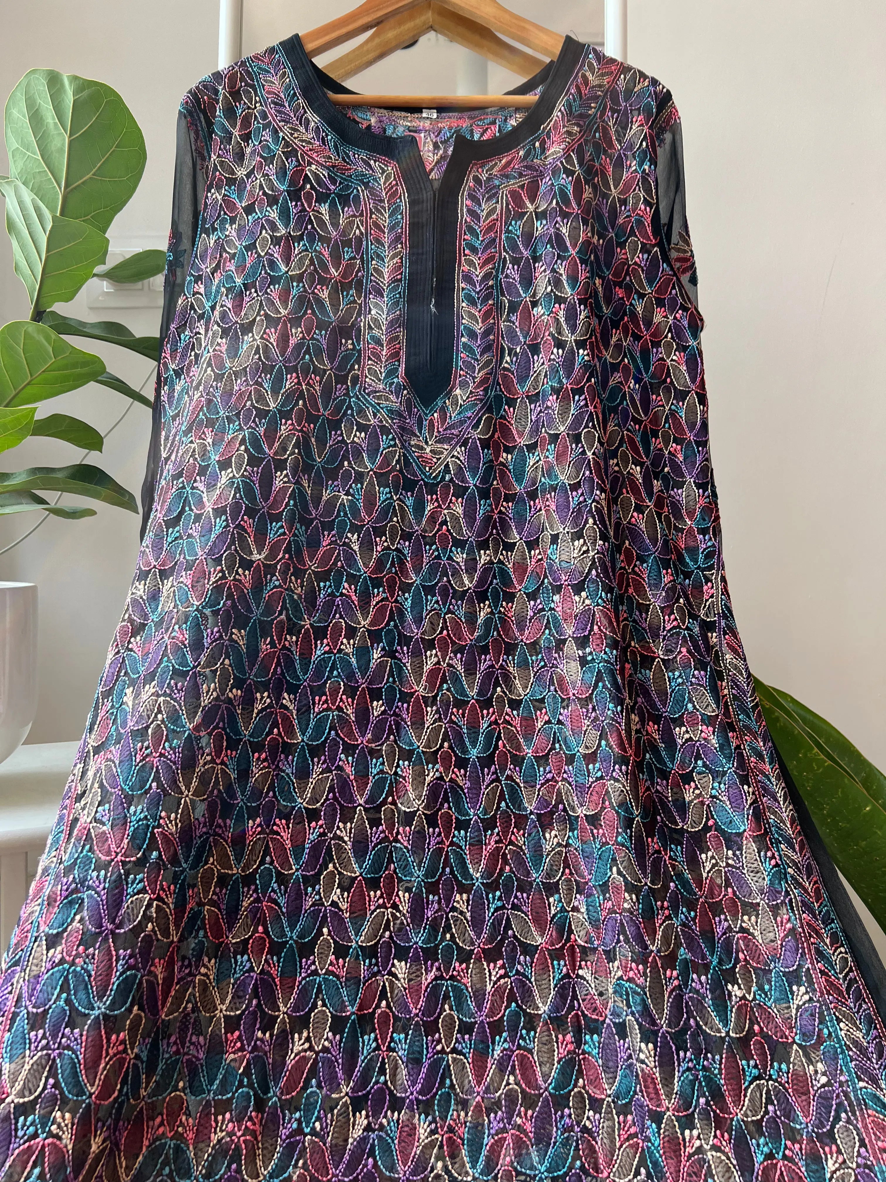 Chikankari Resham Full Jaal Kurti - Black Multi-Color ARIAA CHIKANKARI