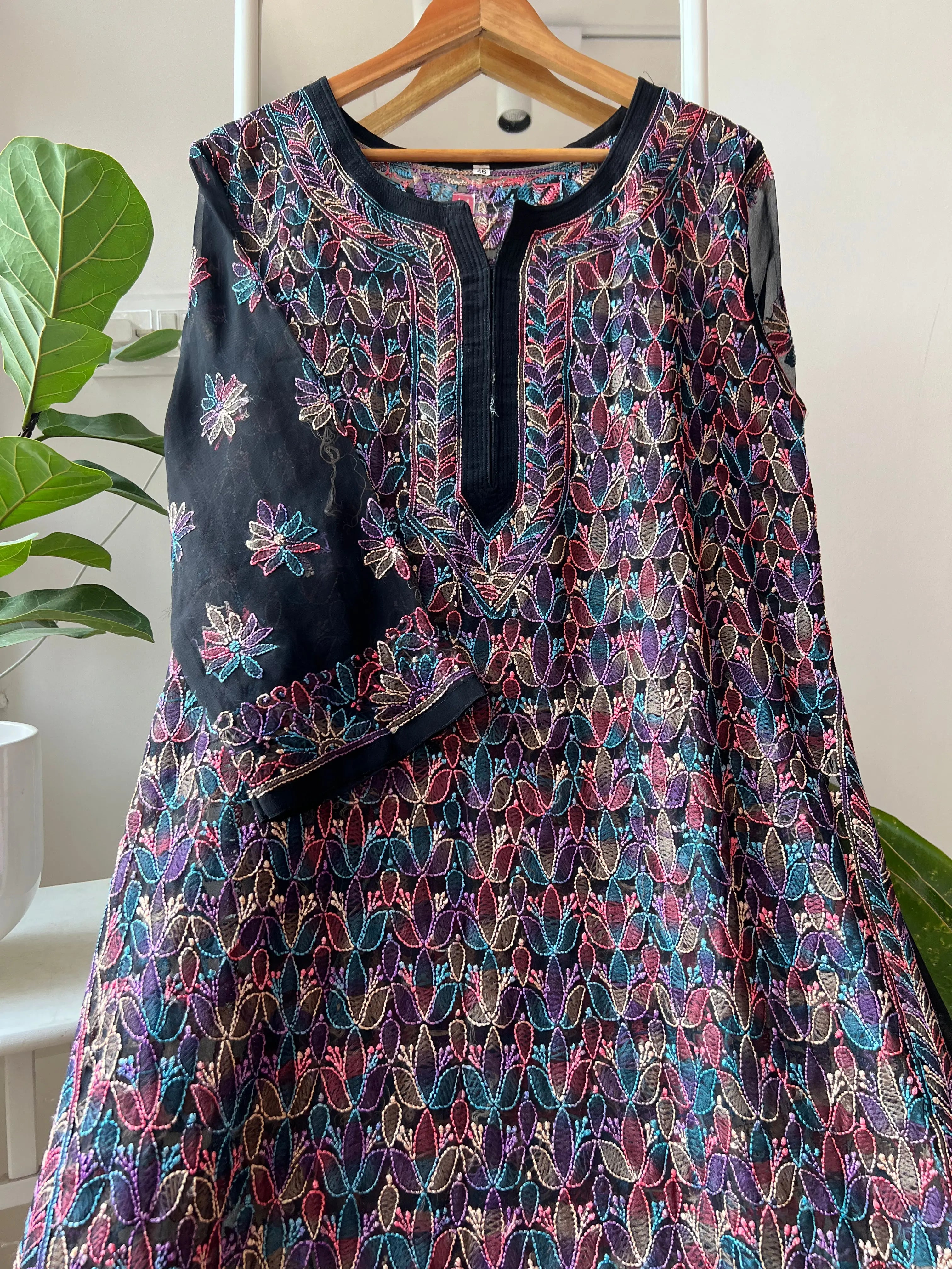 Chikankari Resham Full Jaal Kurti - Black Multi-Color ARIAA CHIKANKARI