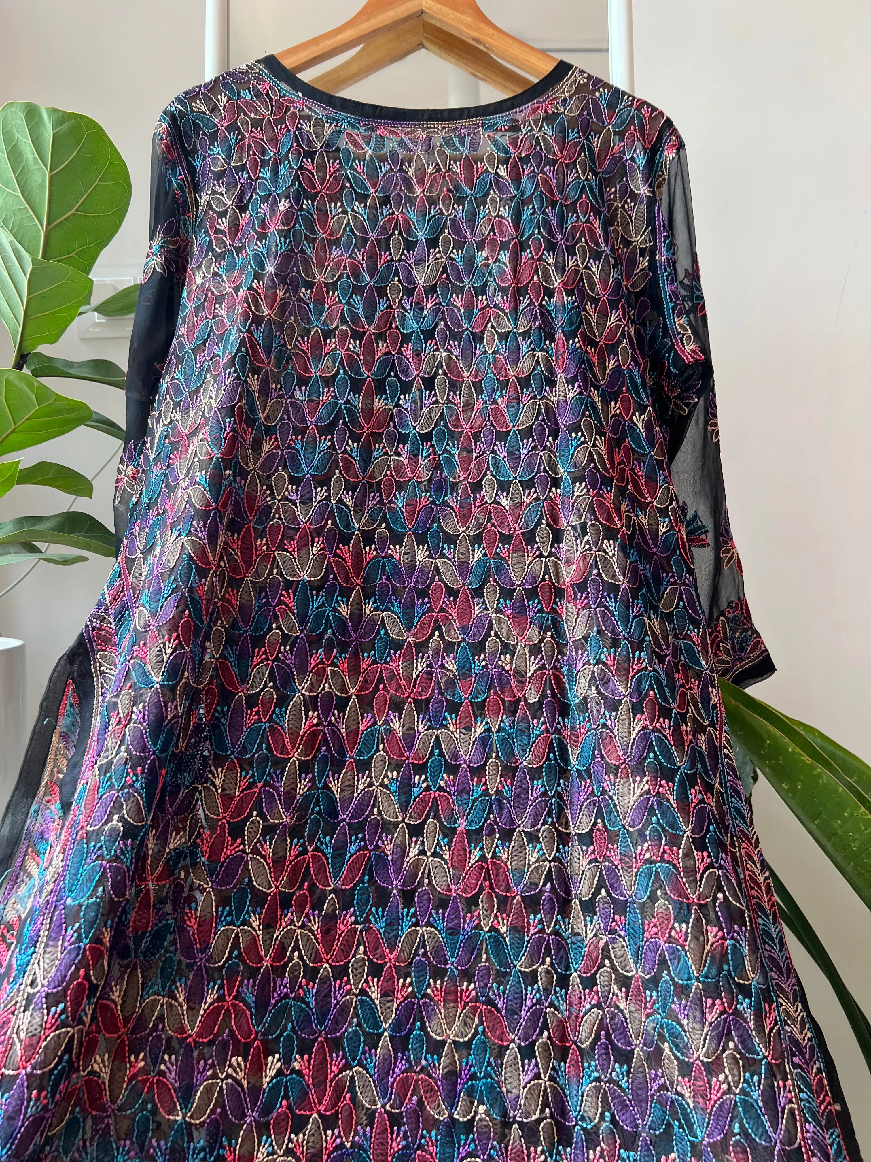 Chikankari Resham Full Jaal Kurti - Black Multi-Color ARIAA CHIKANKARI