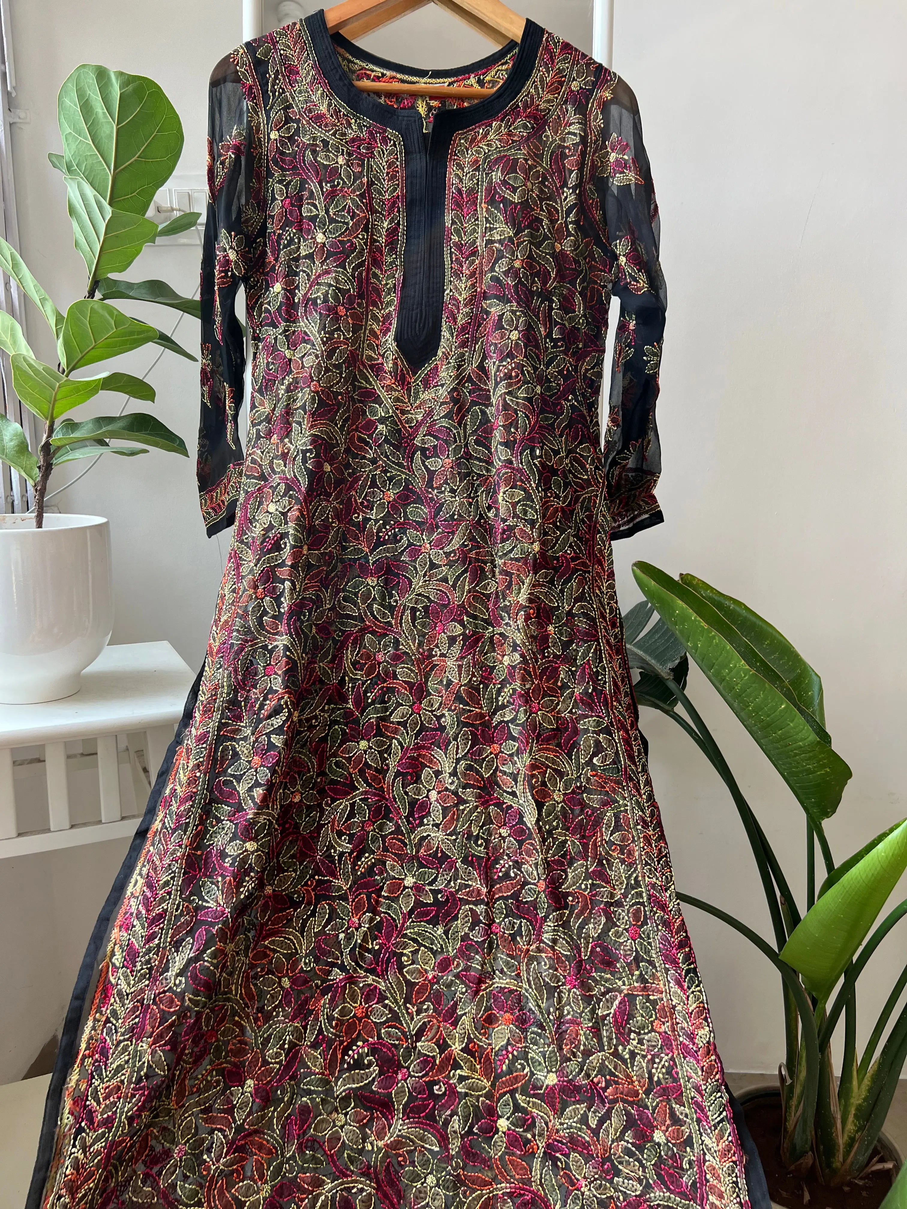 Chikankari Resham Full Jaal Kurti - Black Multi-Color ARIAA CHIKANKARI