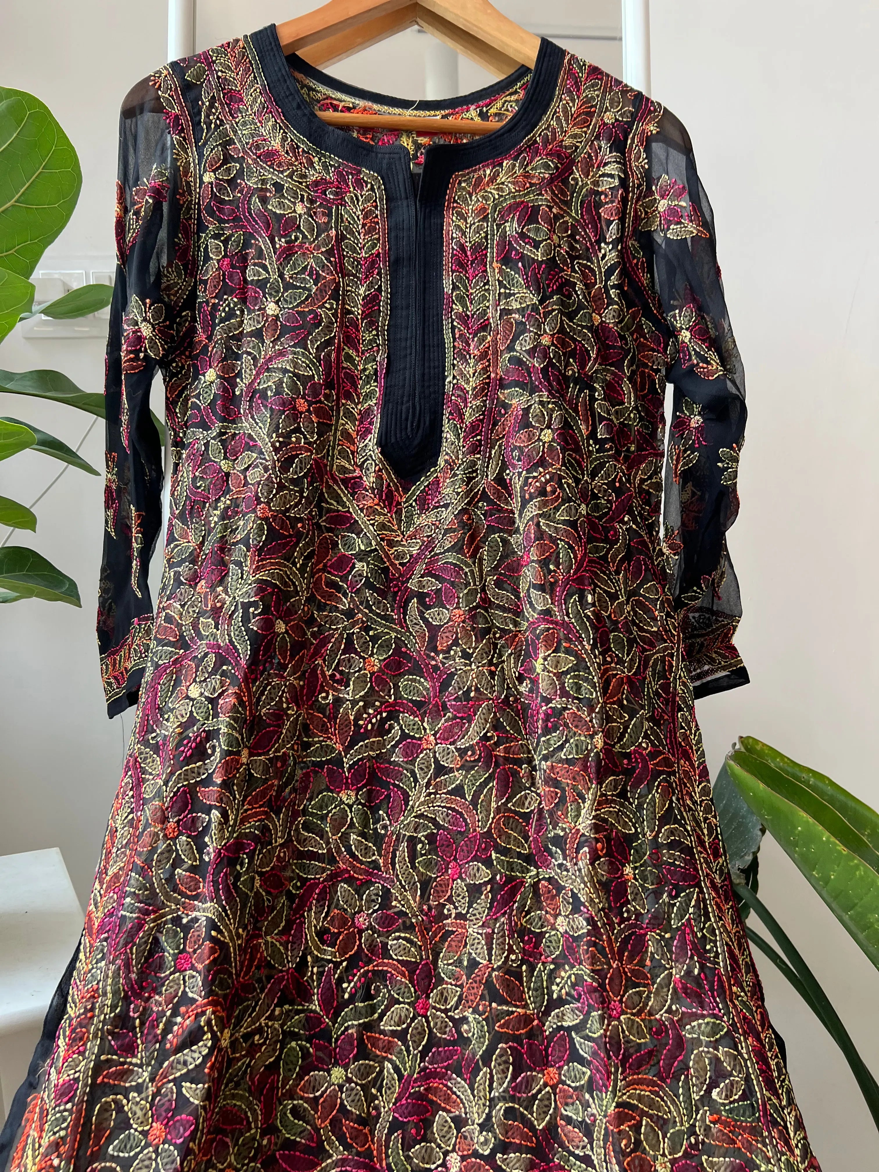 Chikankari Resham Full Jaal Kurti - Black Multi-Color ARIAA CHIKANKARI