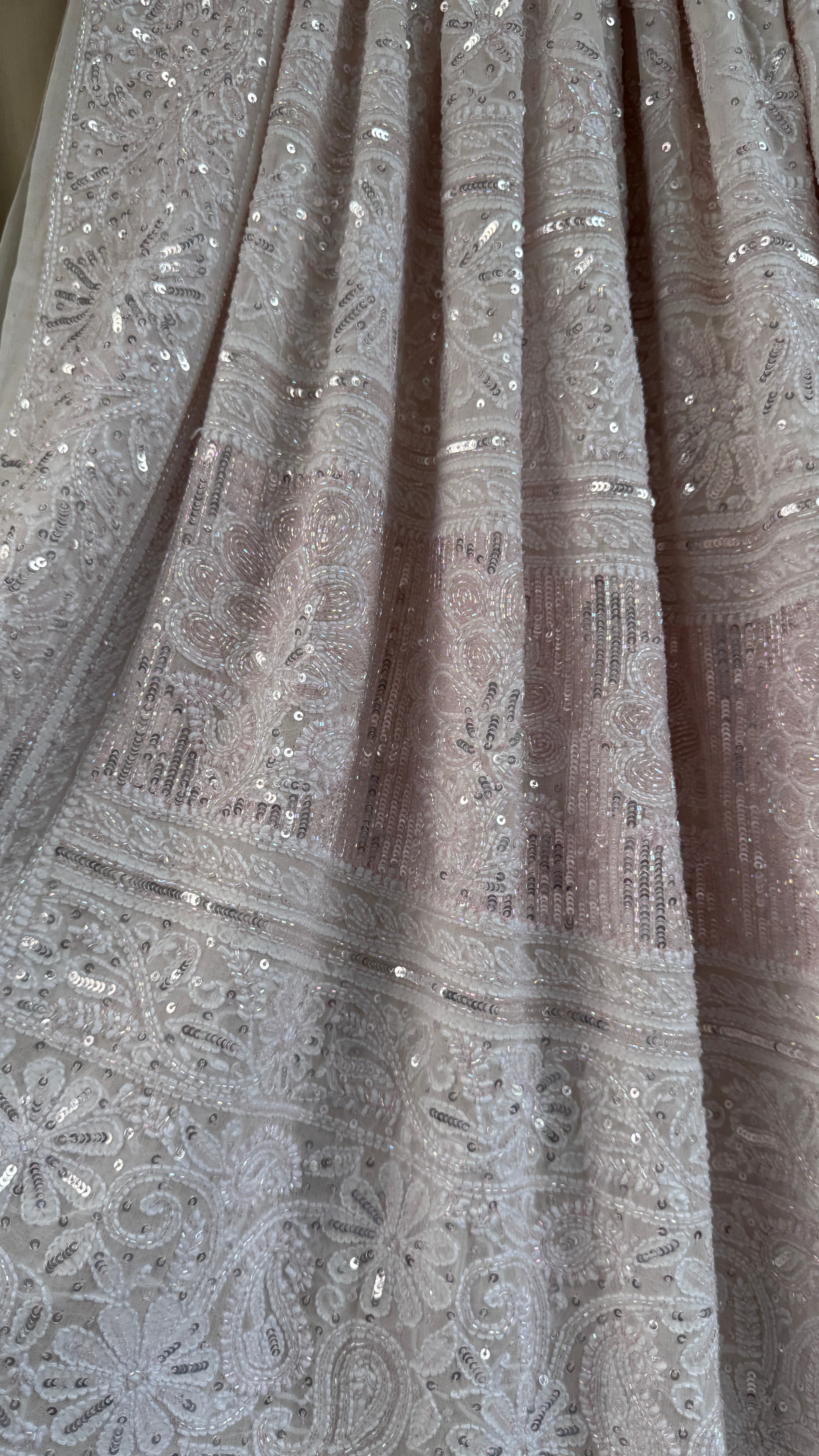 Pure Georgette Lucknow Chikankari Saree - white with pink detailing - Rooh Collection