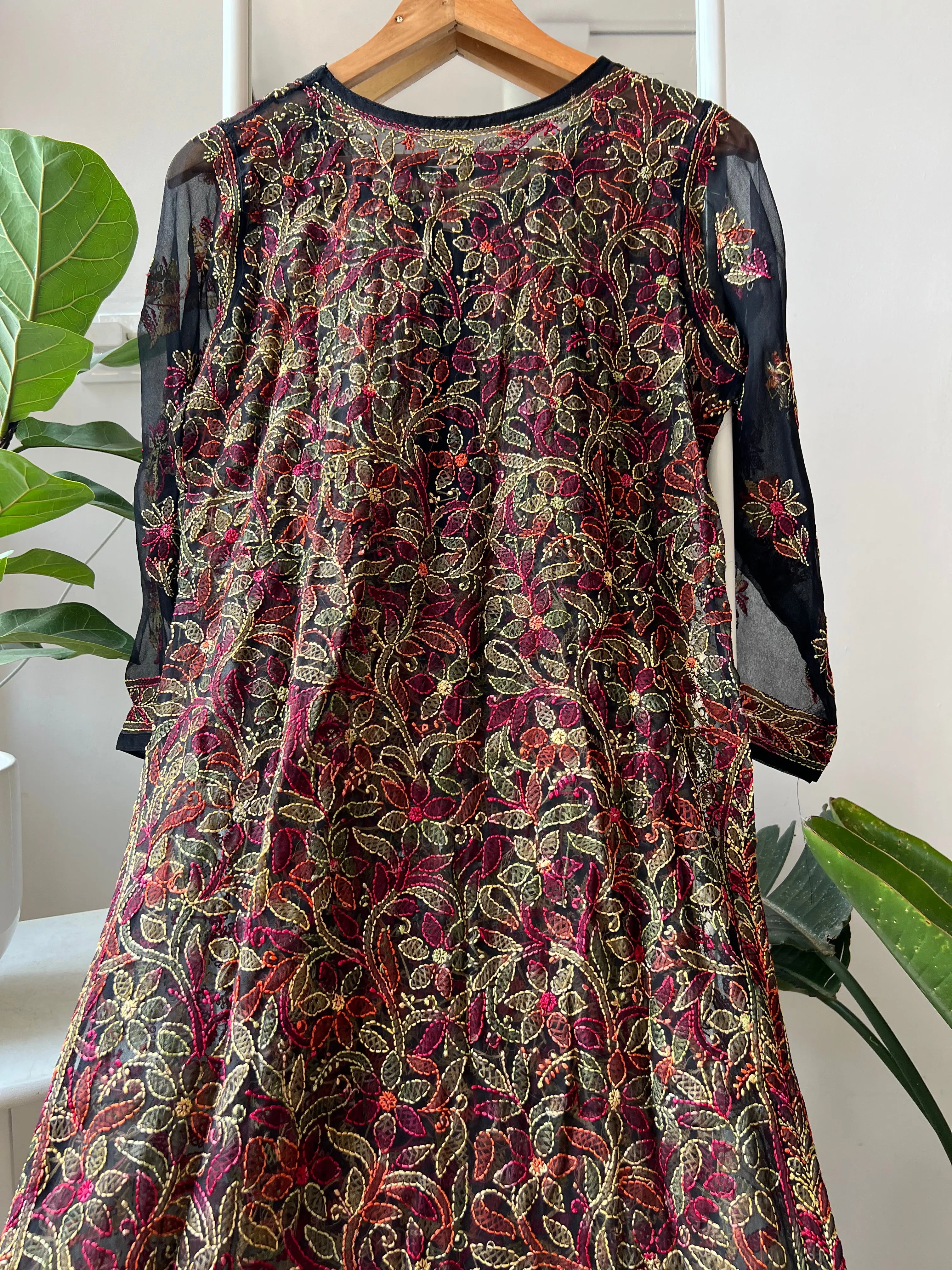 Chikankari Resham Full Jaal Kurti - Black Multi-Color ARIAA CHIKANKARI