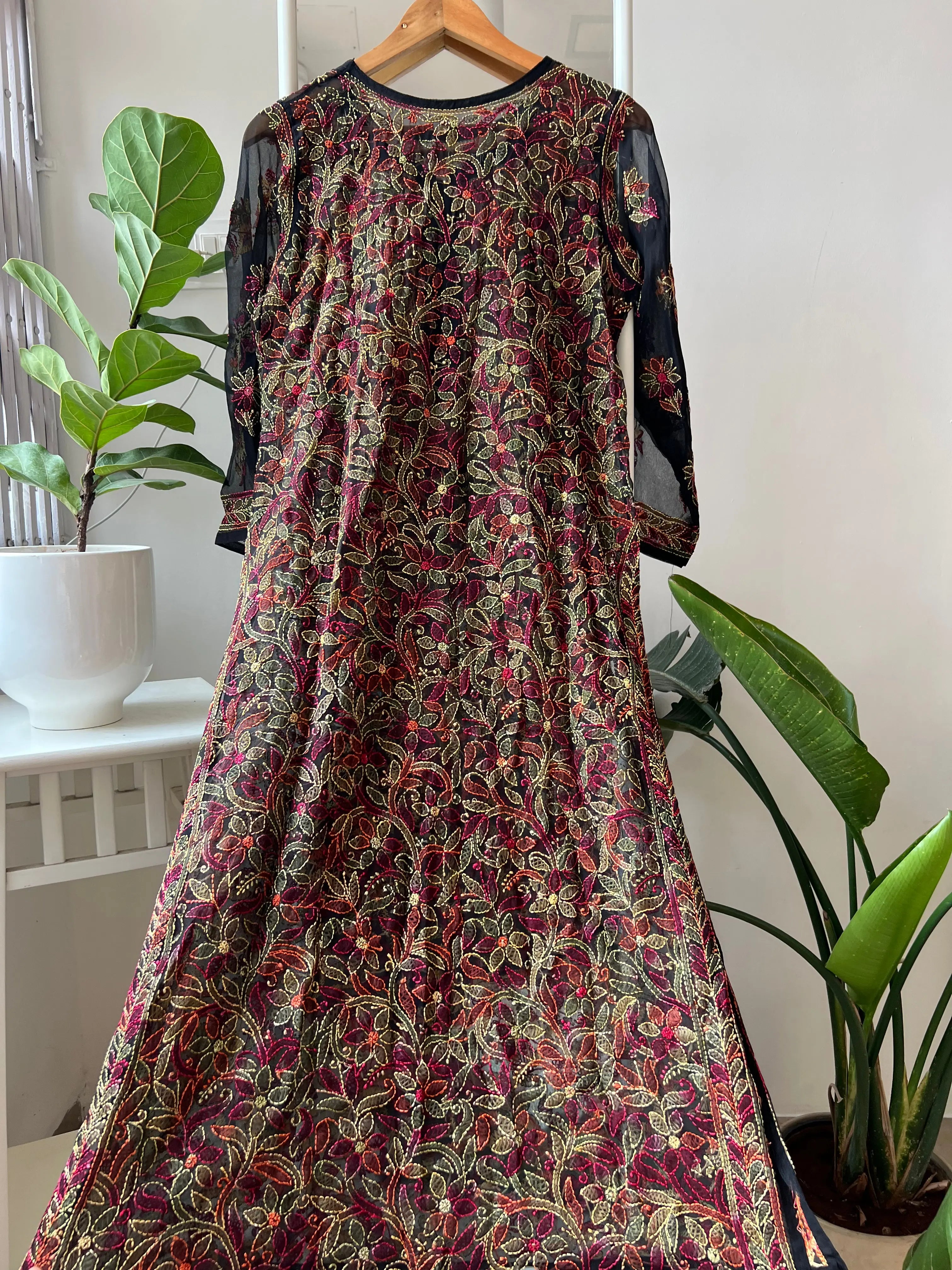 Chikankari Resham Full Jaal Kurti - Black Multi-Color ARIAA CHIKANKARI