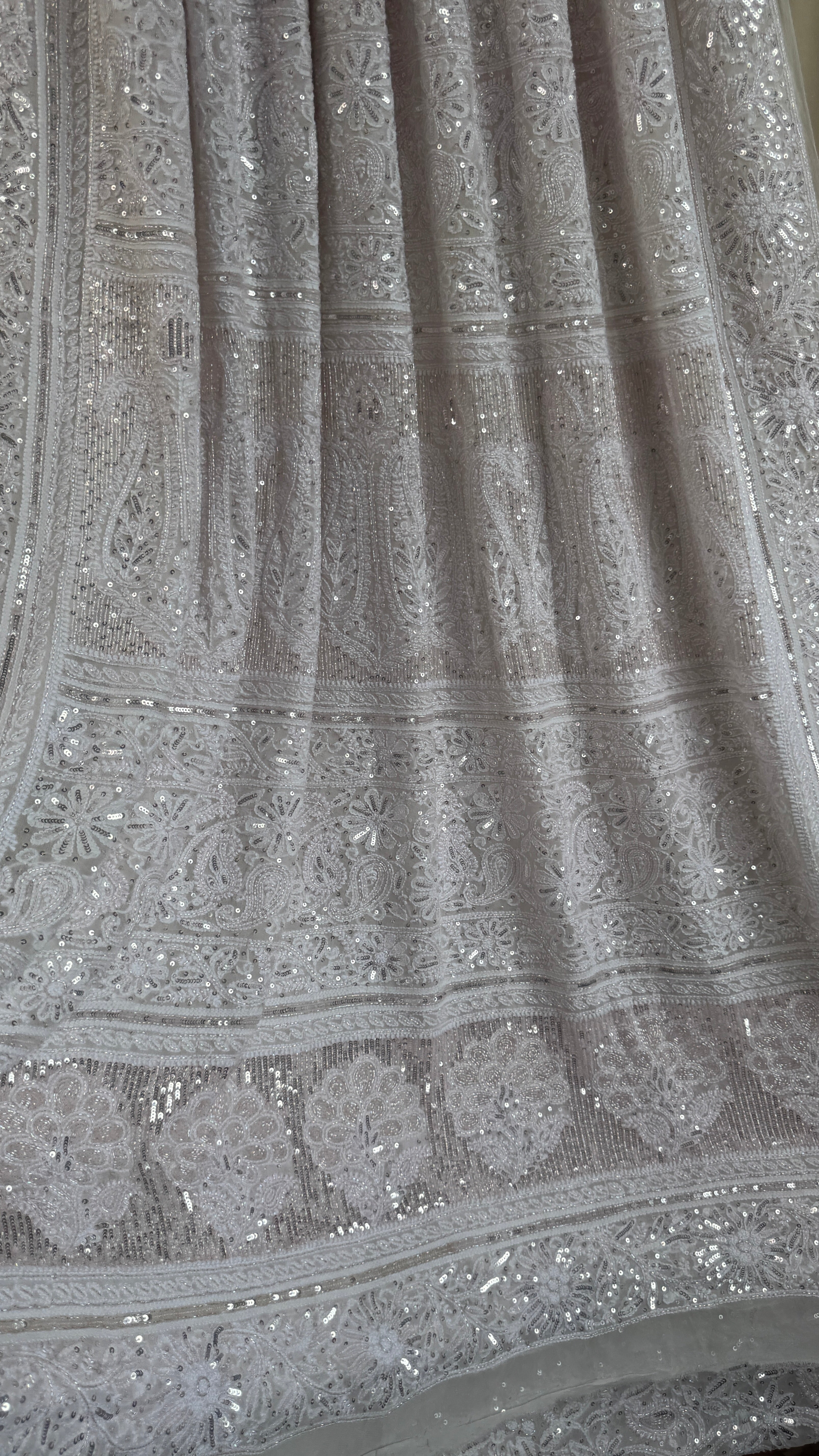 Pure Georgette Lucknow Chikankari Saree - white with pink detailing - Rooh Collection