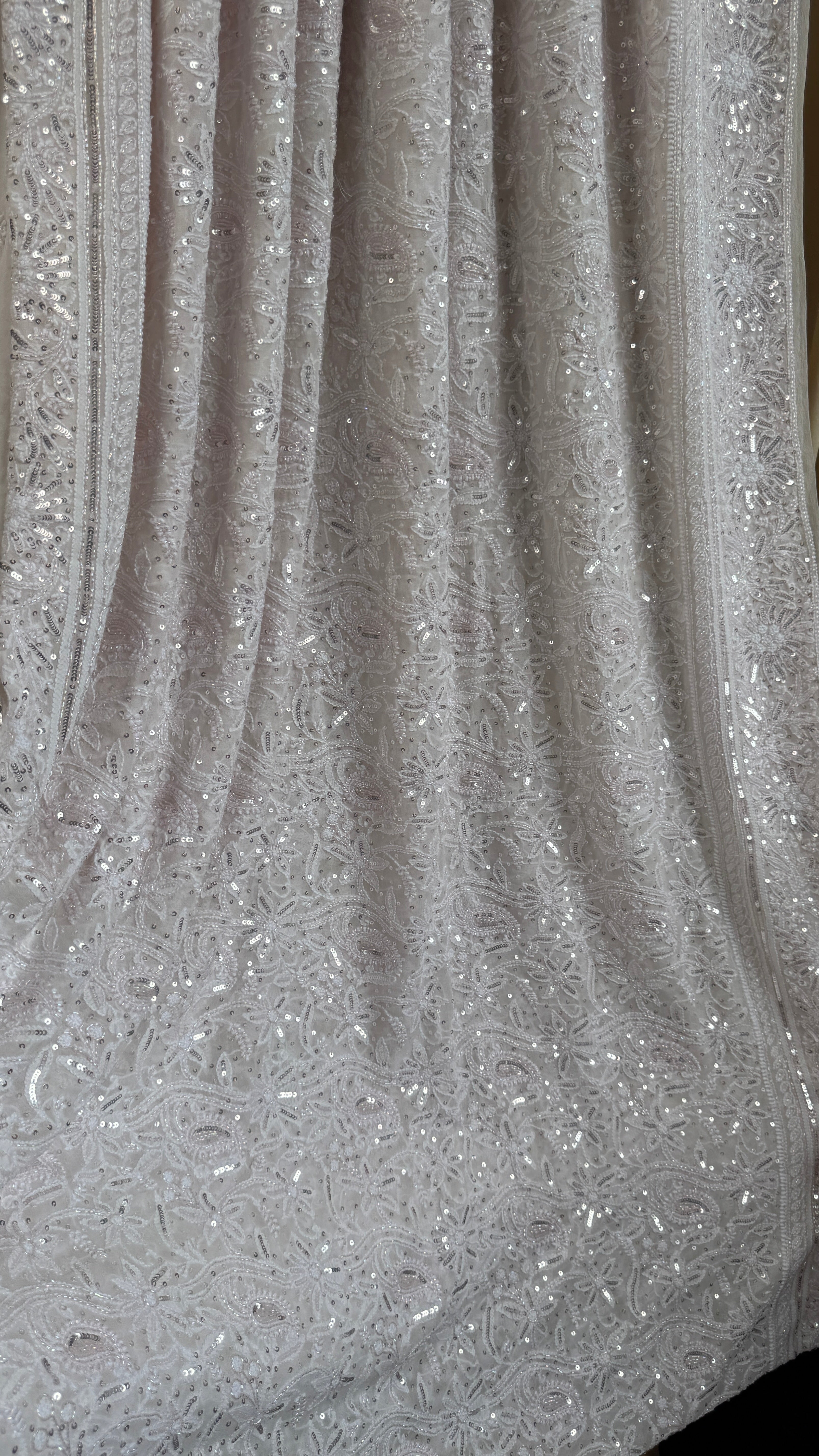 Pure Georgette Lucknow Chikankari Saree - white with pink detailing - Rooh Collection
