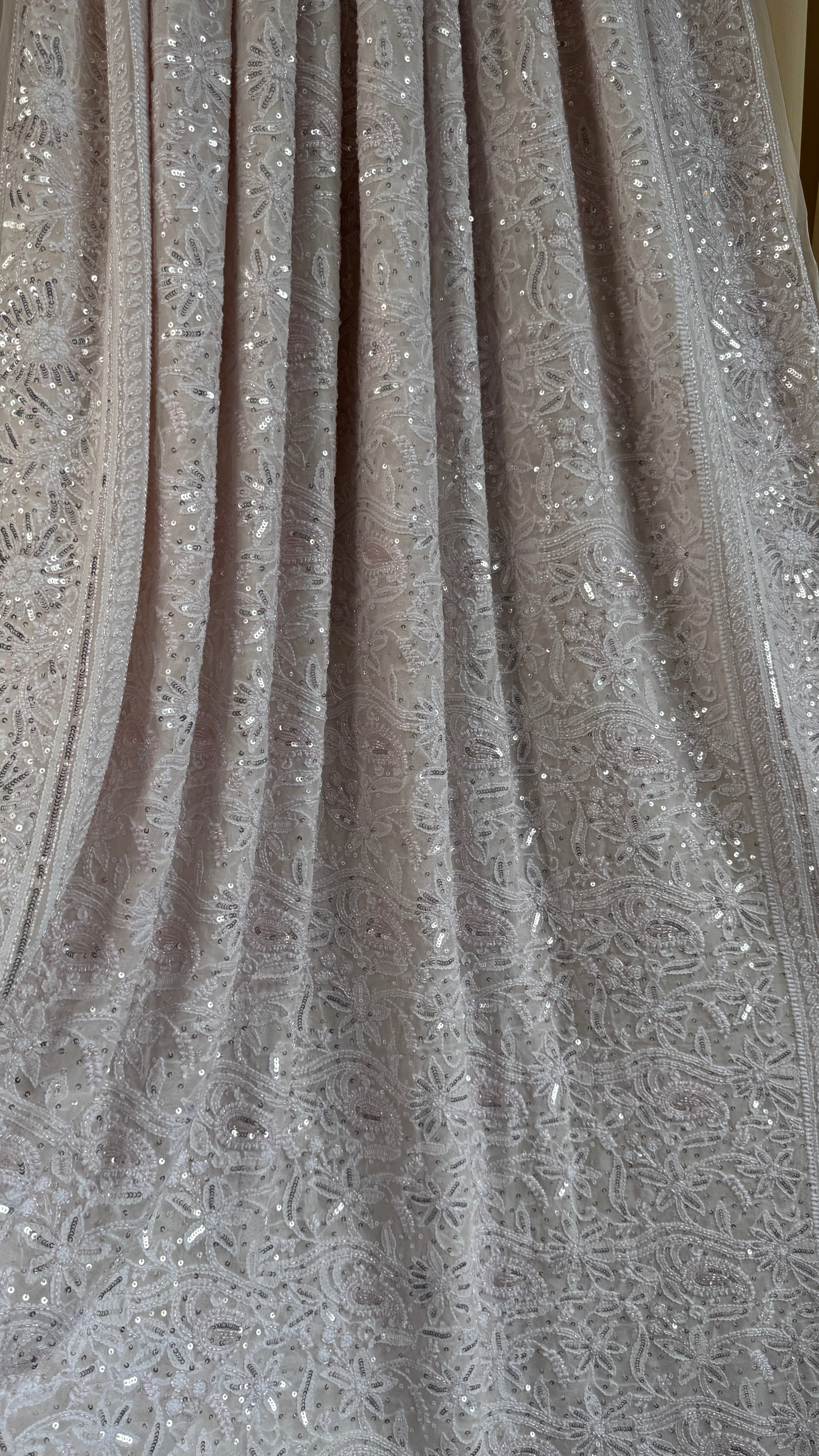 Pure Georgette Lucknow Chikankari Saree - white with pink detailing - Rooh Collection