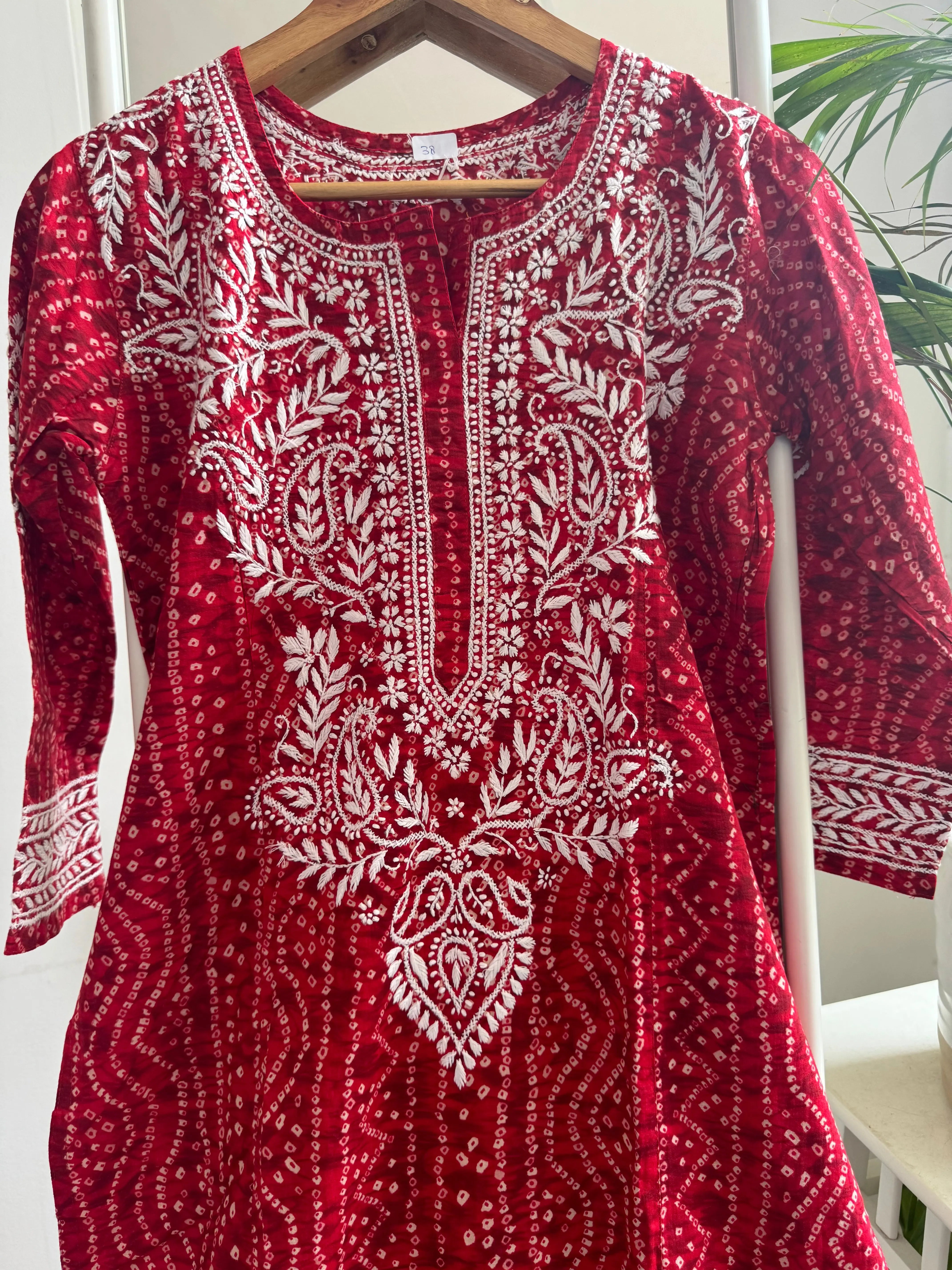 Cotton Printed Chikankari Kurti - Red ARIAA CHIKANKARI
