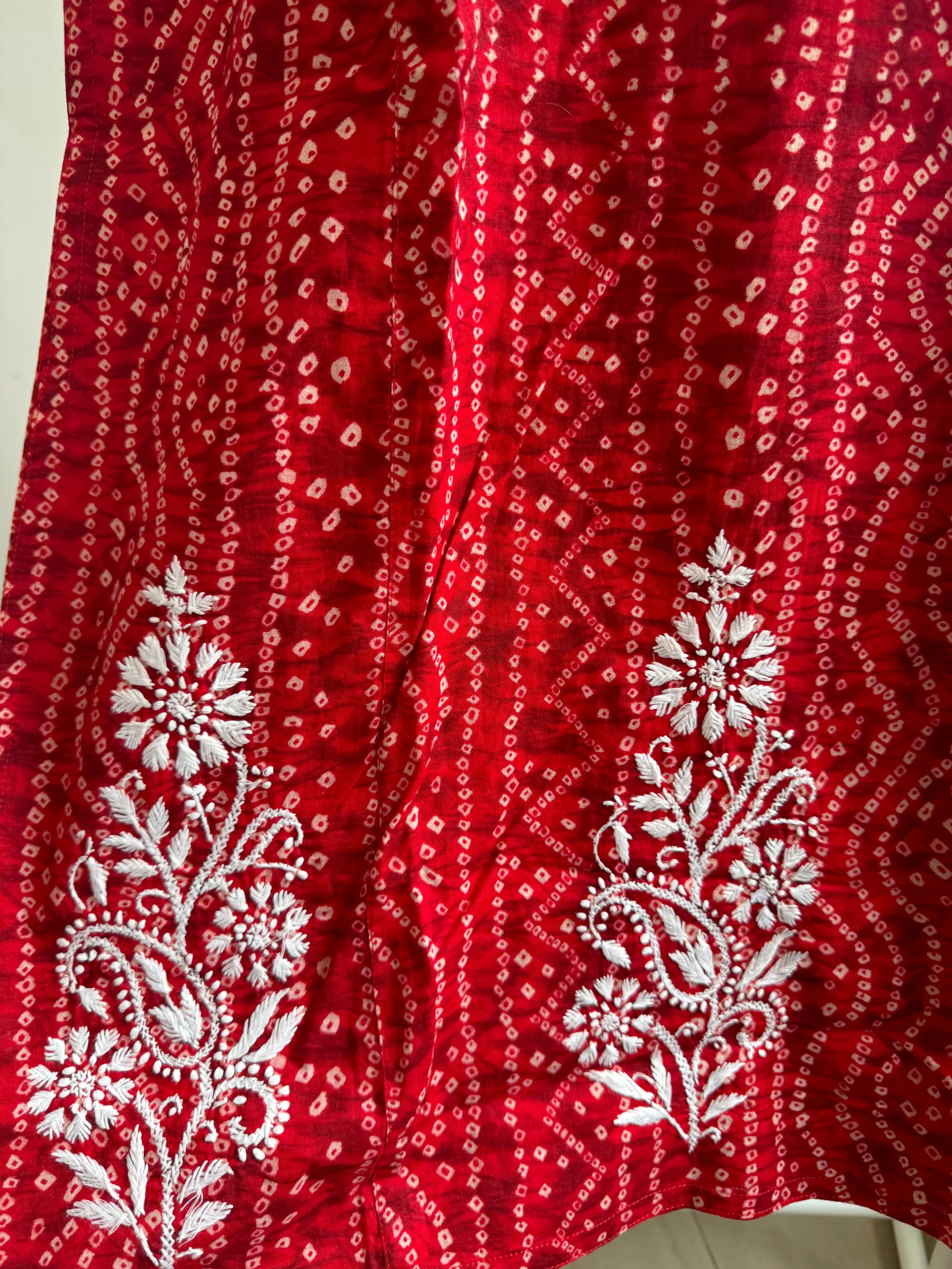 Cotton Printed Chikankari Kurti - Red ARIAA CHIKANKARI