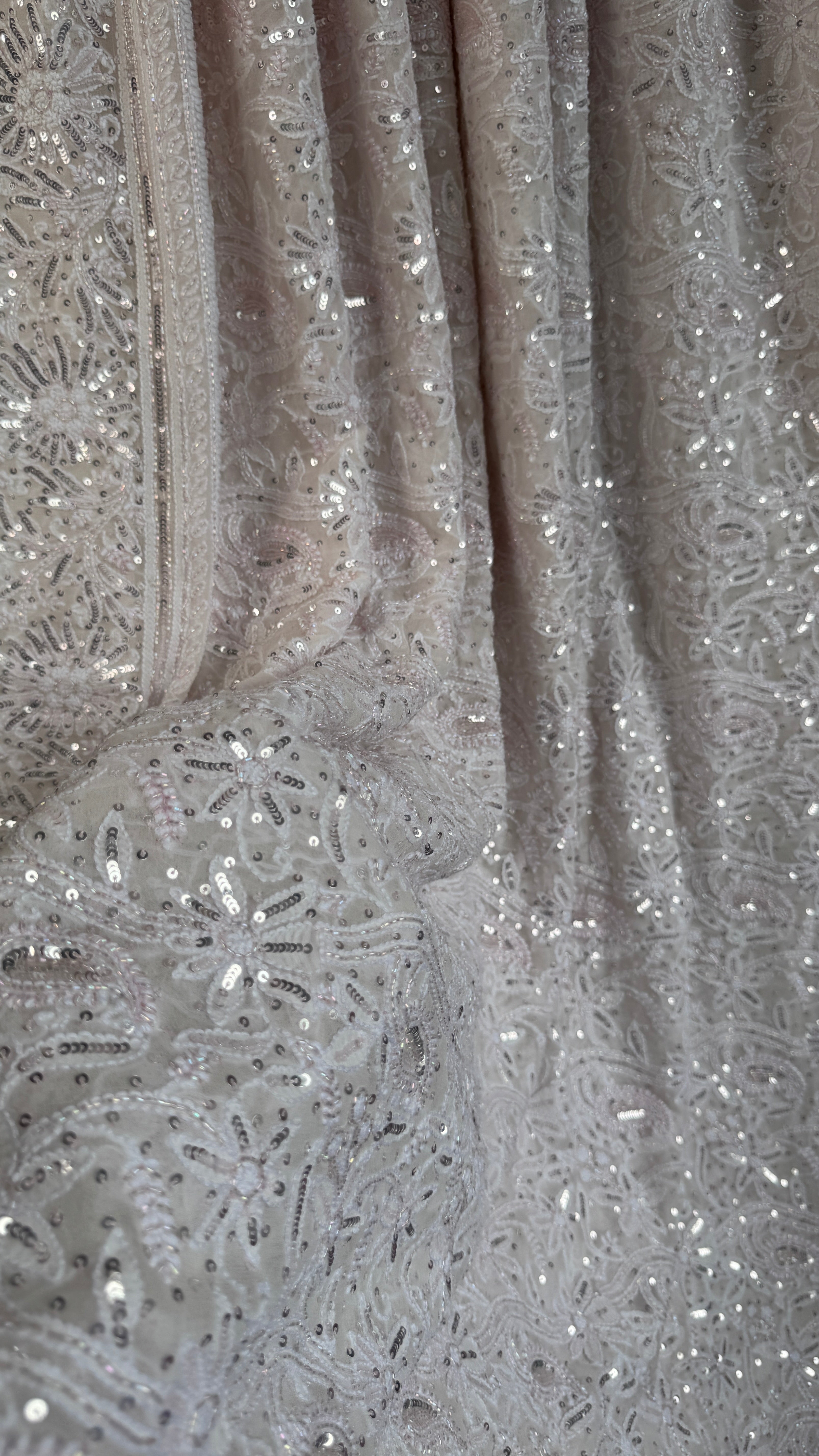 Pure Georgette Lucknow Chikankari Saree - white with pink detailing - Rooh Collection