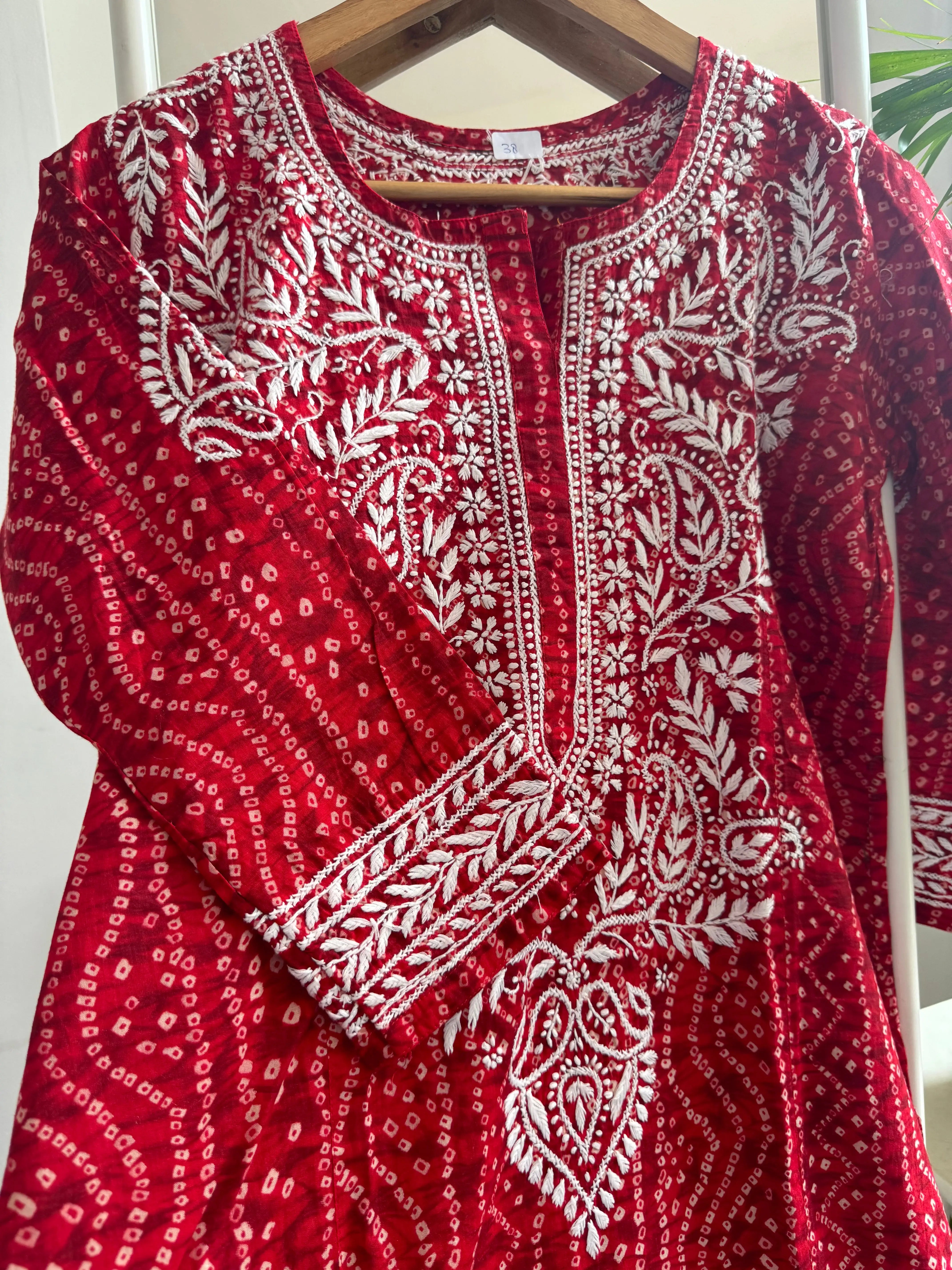 Cotton Printed Chikankari Kurti - Red ARIAA CHIKANKARI