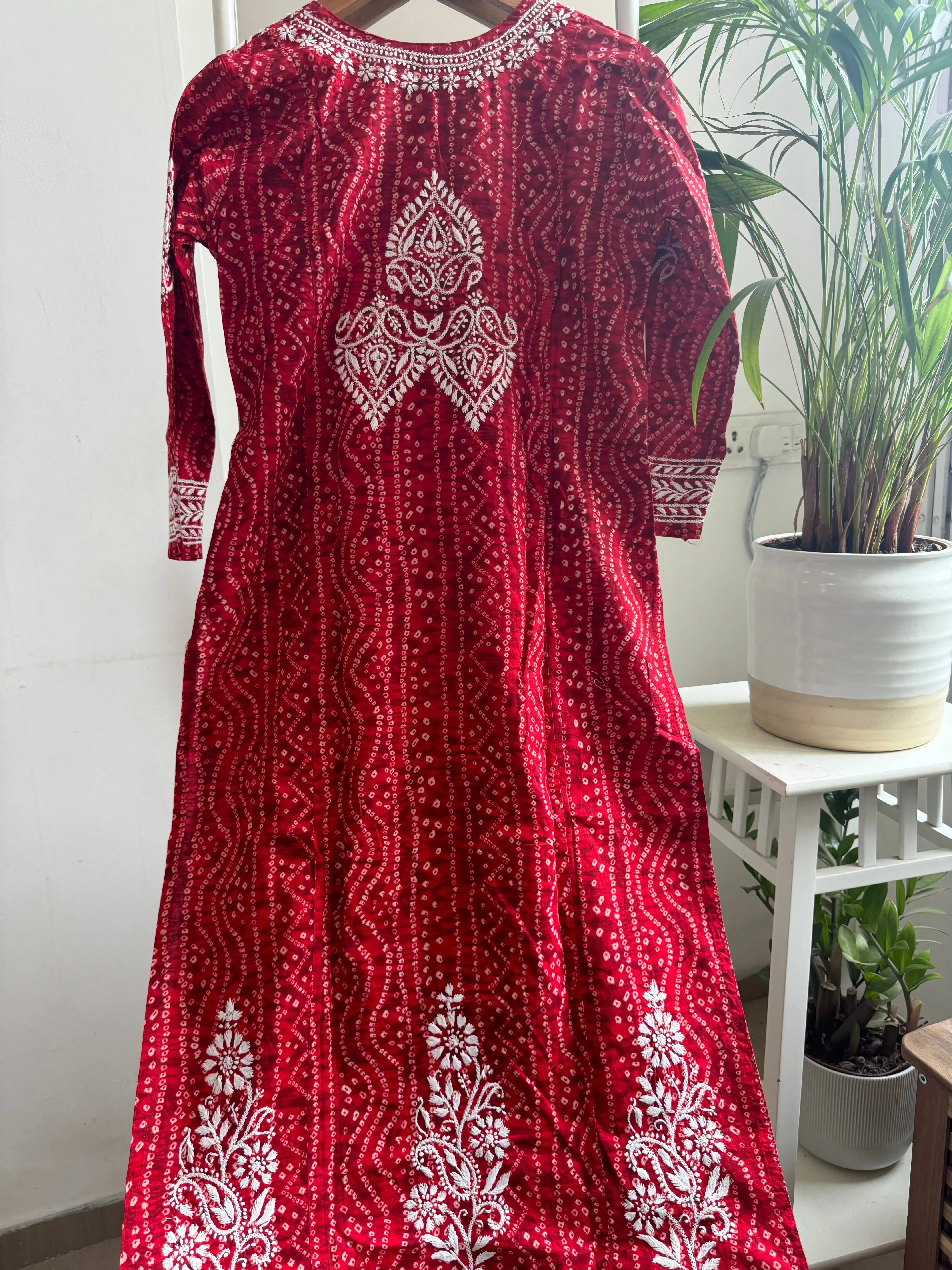 Cotton Printed Chikankari Kurti - Red ARIAA CHIKANKARI