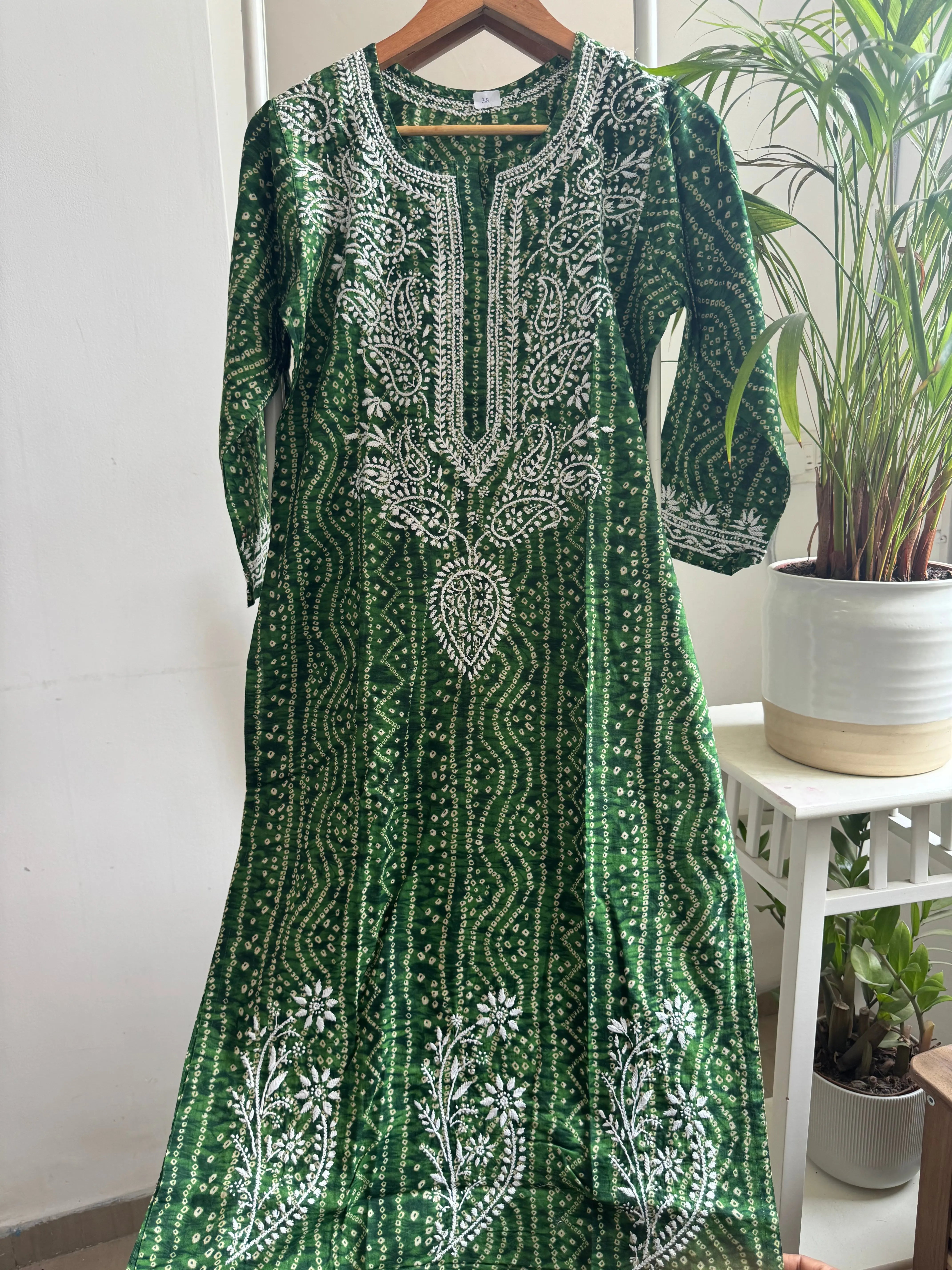 Cotton Printed Chikankari Kurti - Green ARIAA CHIKANKARI