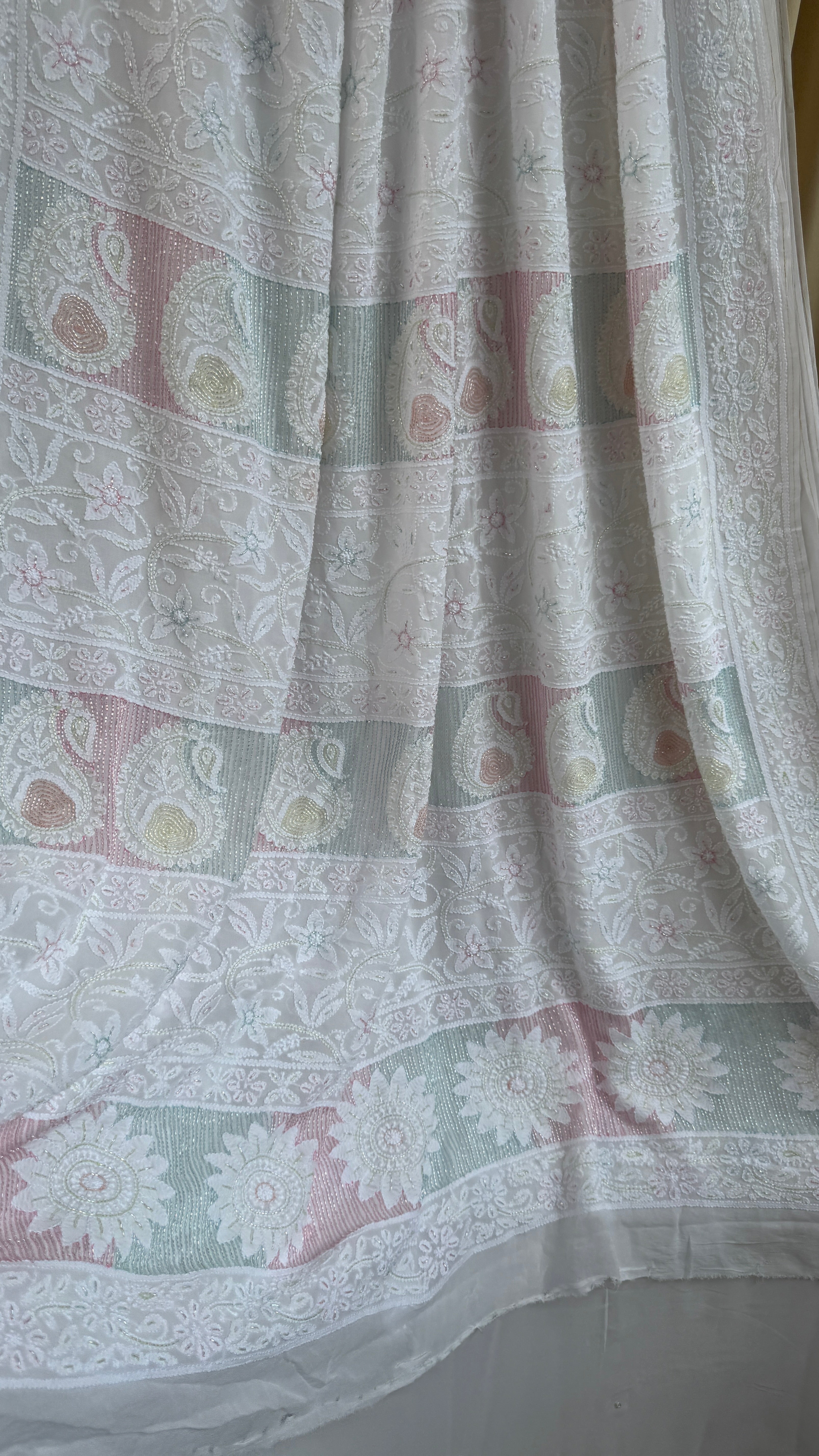 Viscose White Chikankari saree with Pearl embellishments