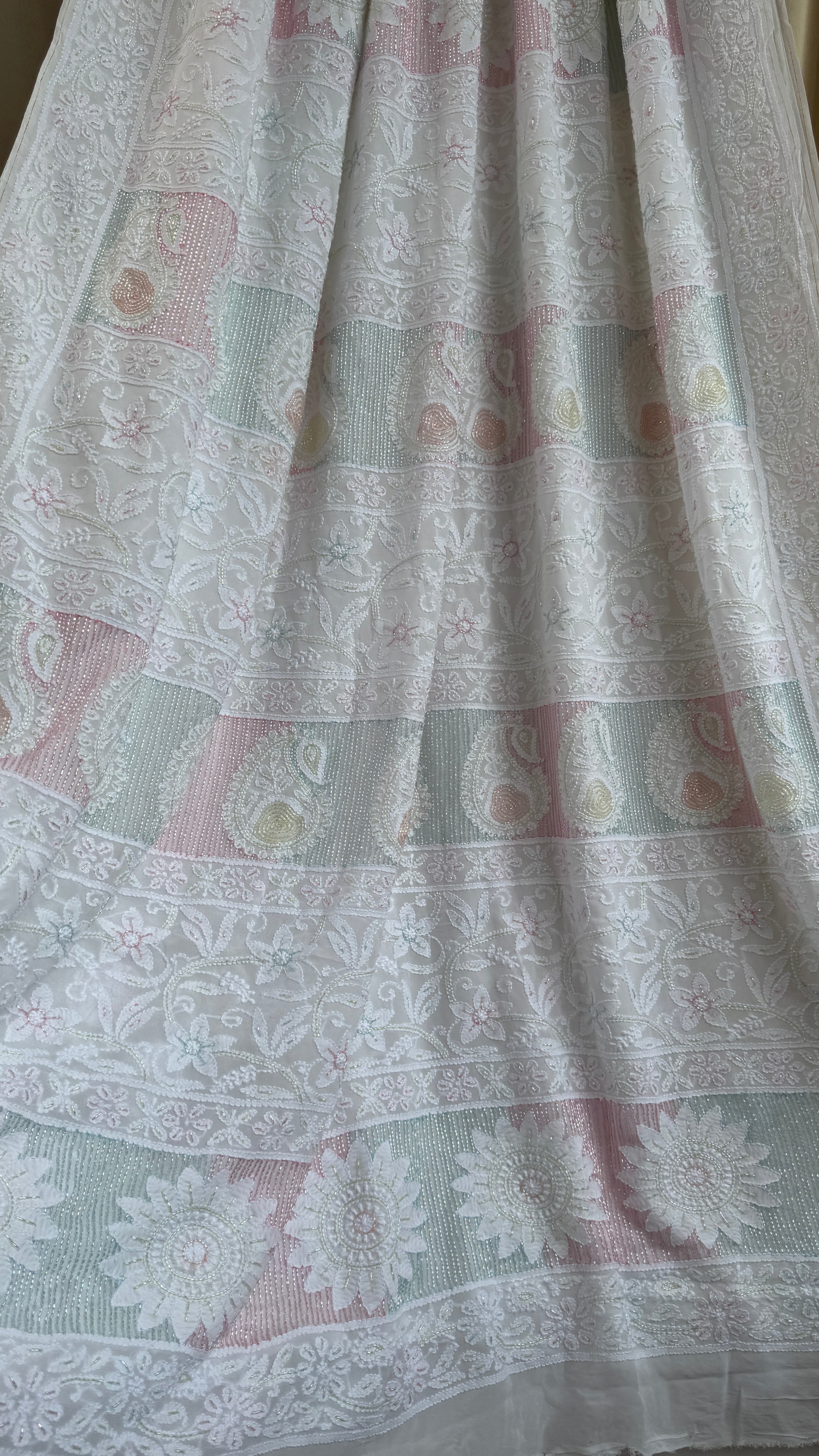 Viscose White Chikankari saree with Pearl embellishments