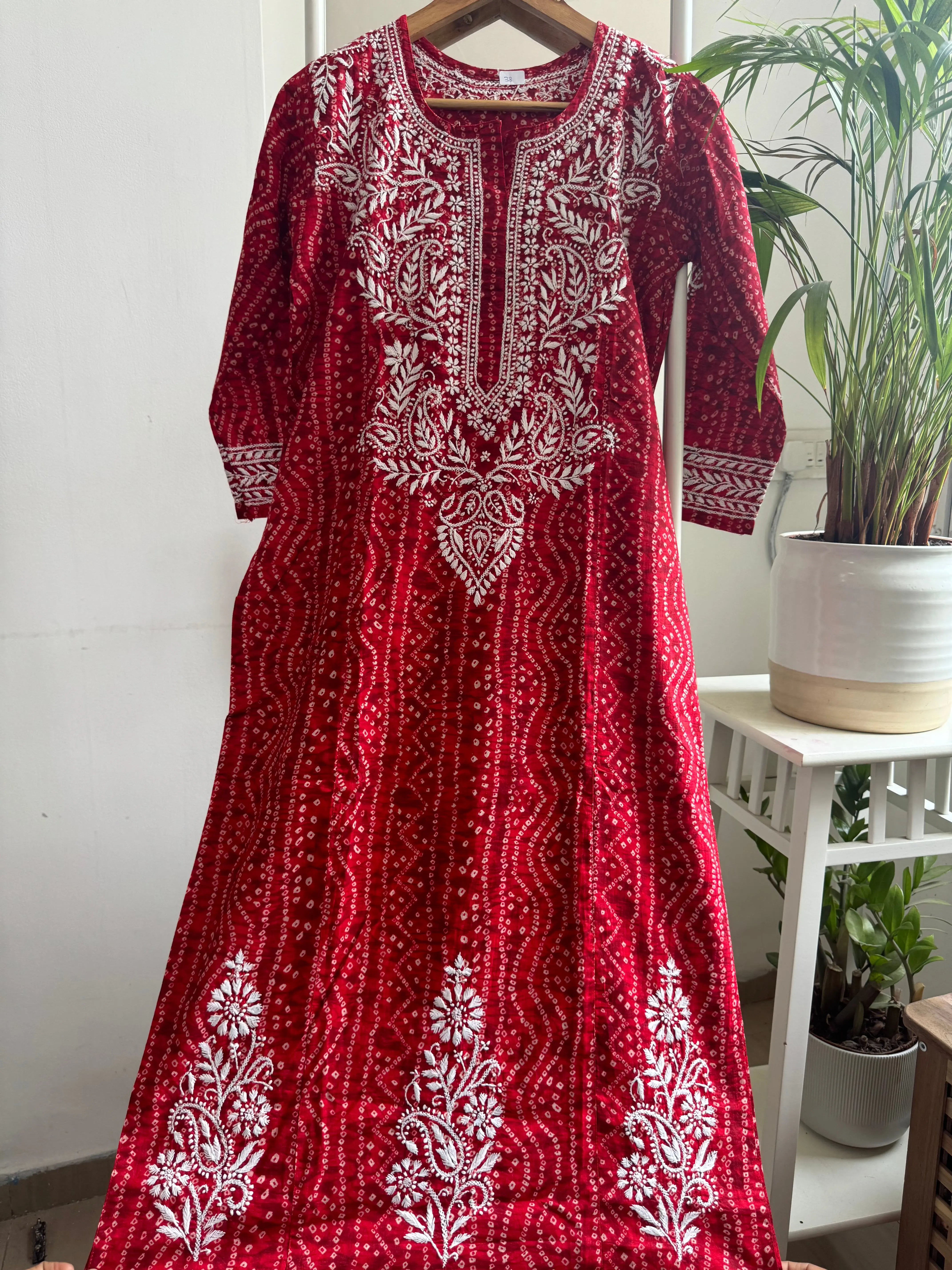 Cotton Printed Chikankari Kurti - Red ARIAA CHIKANKARI