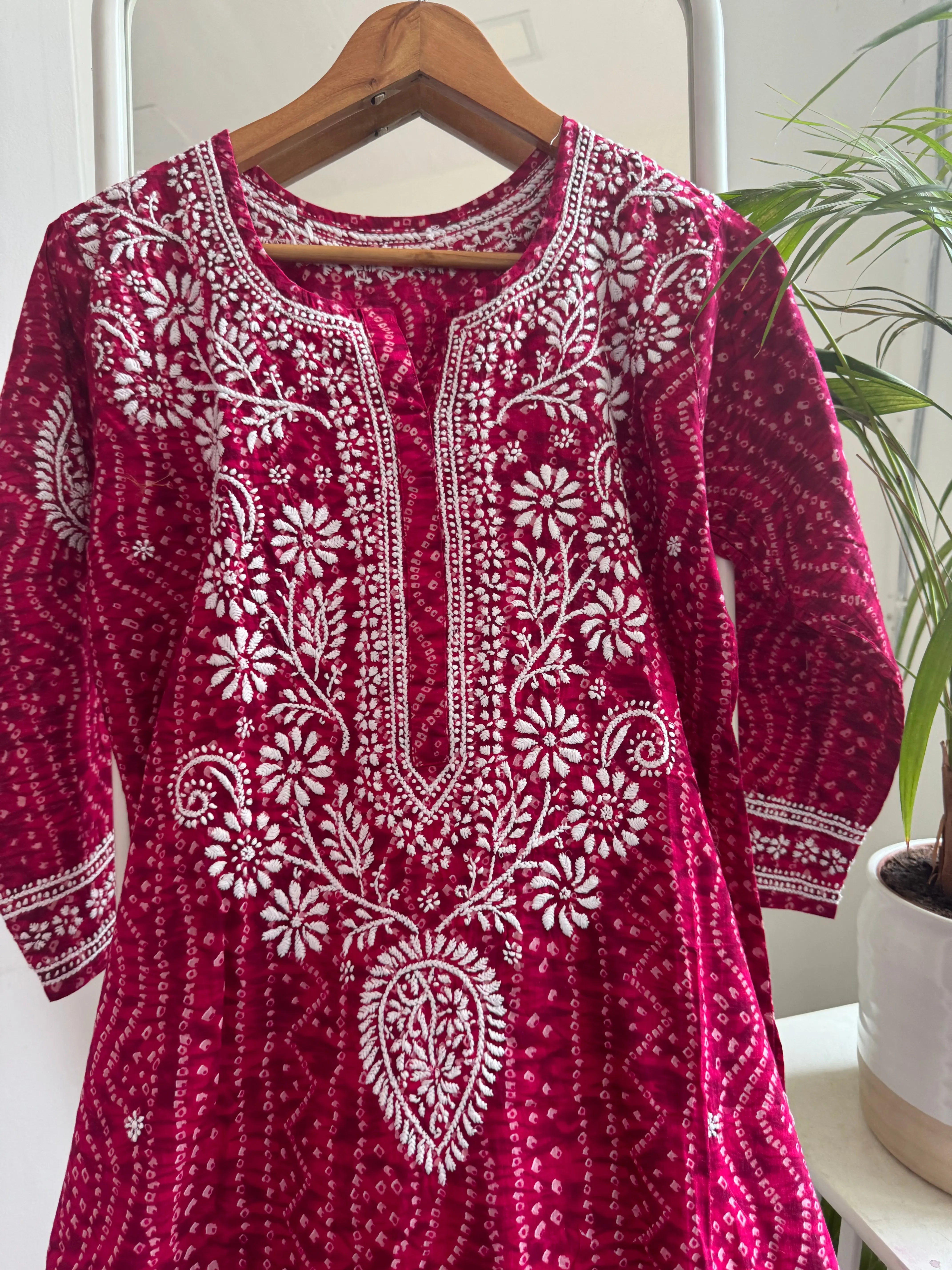 Cotton Printed Chikankari Kurti - Rani Pink ARIAA CHIKANKARI
