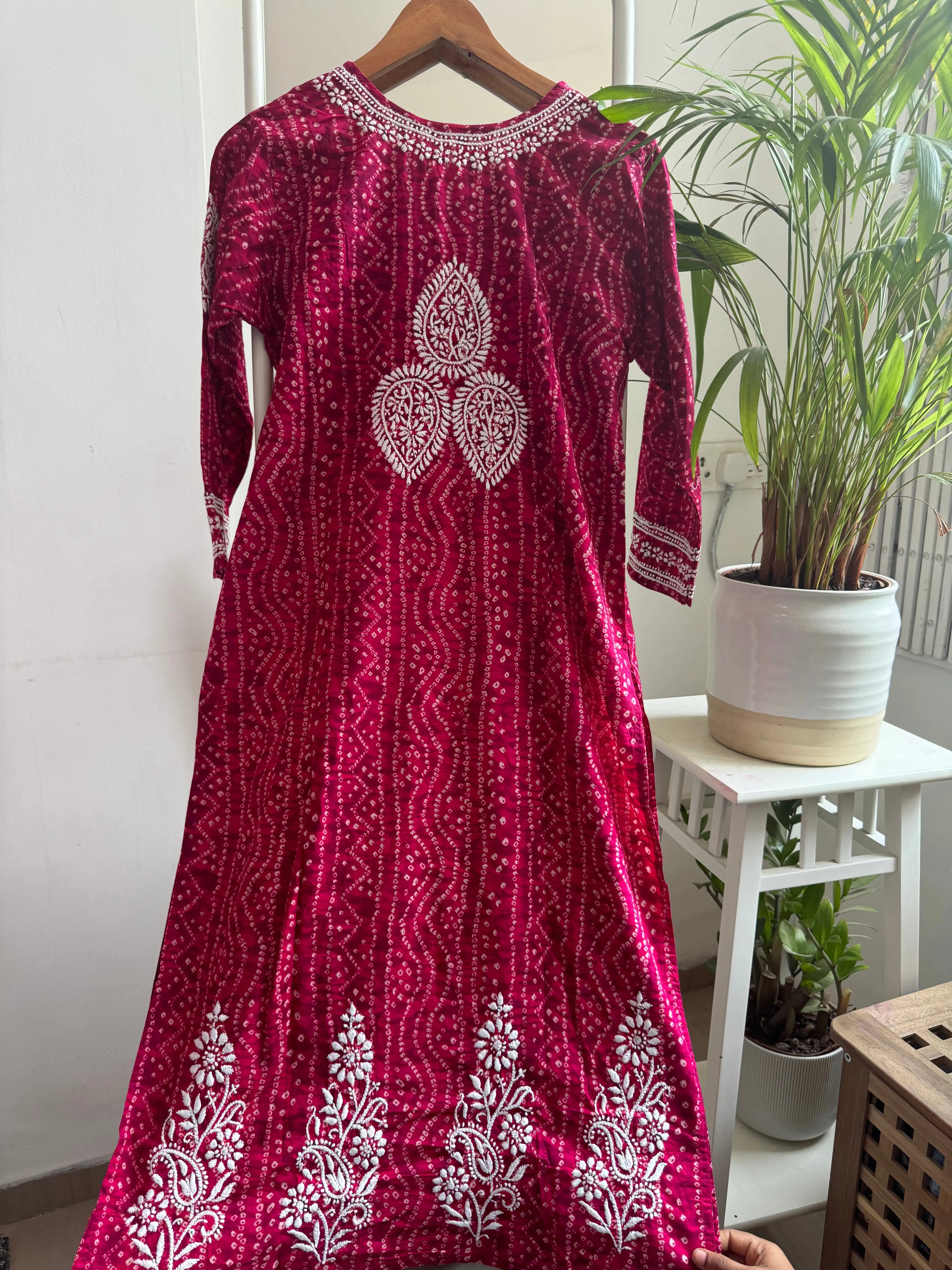 Cotton Printed Chikankari Kurti - Rani Pink ARIAA CHIKANKARI