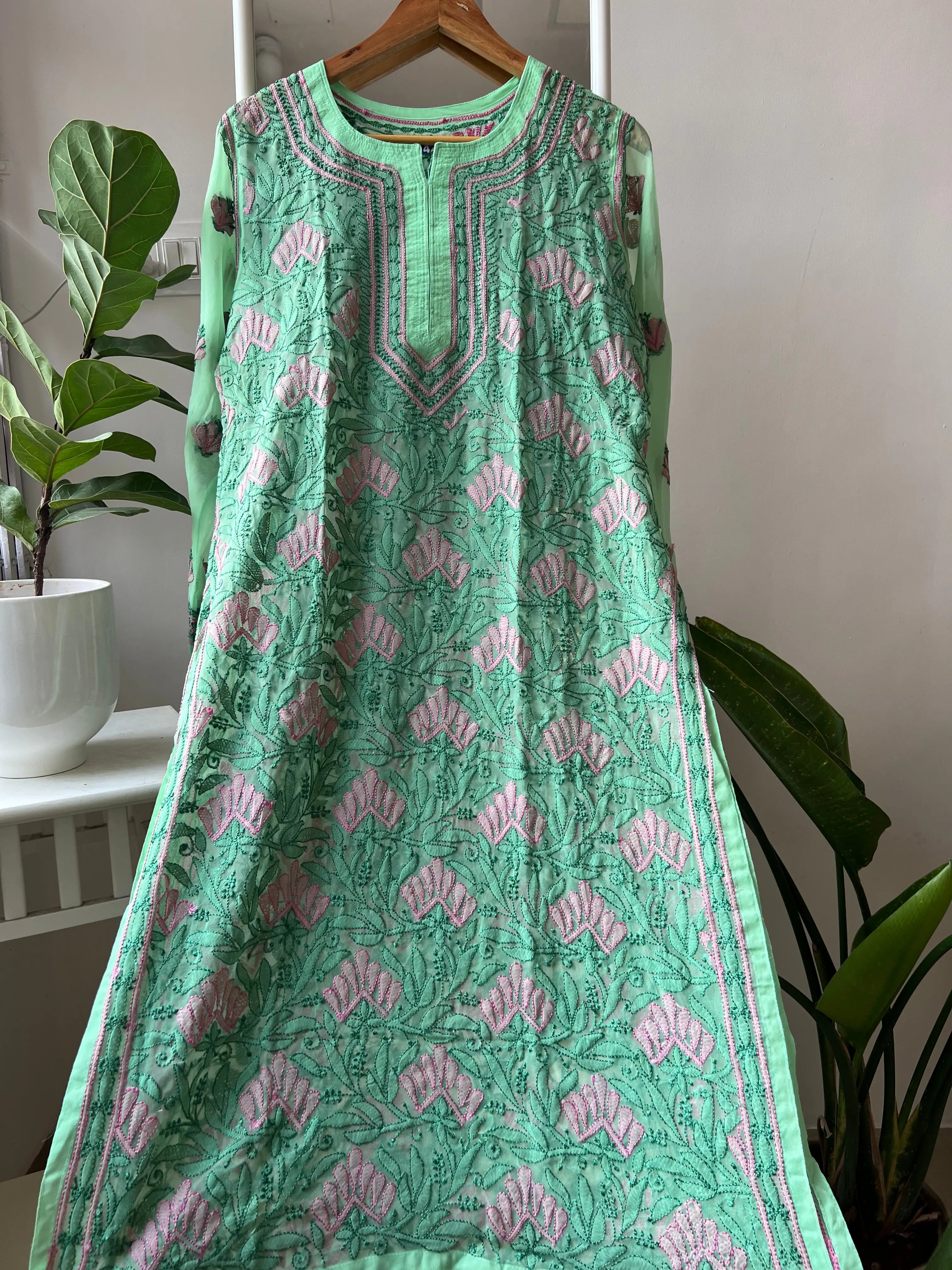 Chikankari Resham Full Jaal Kurti - Green ARIAA CHIKANKARI