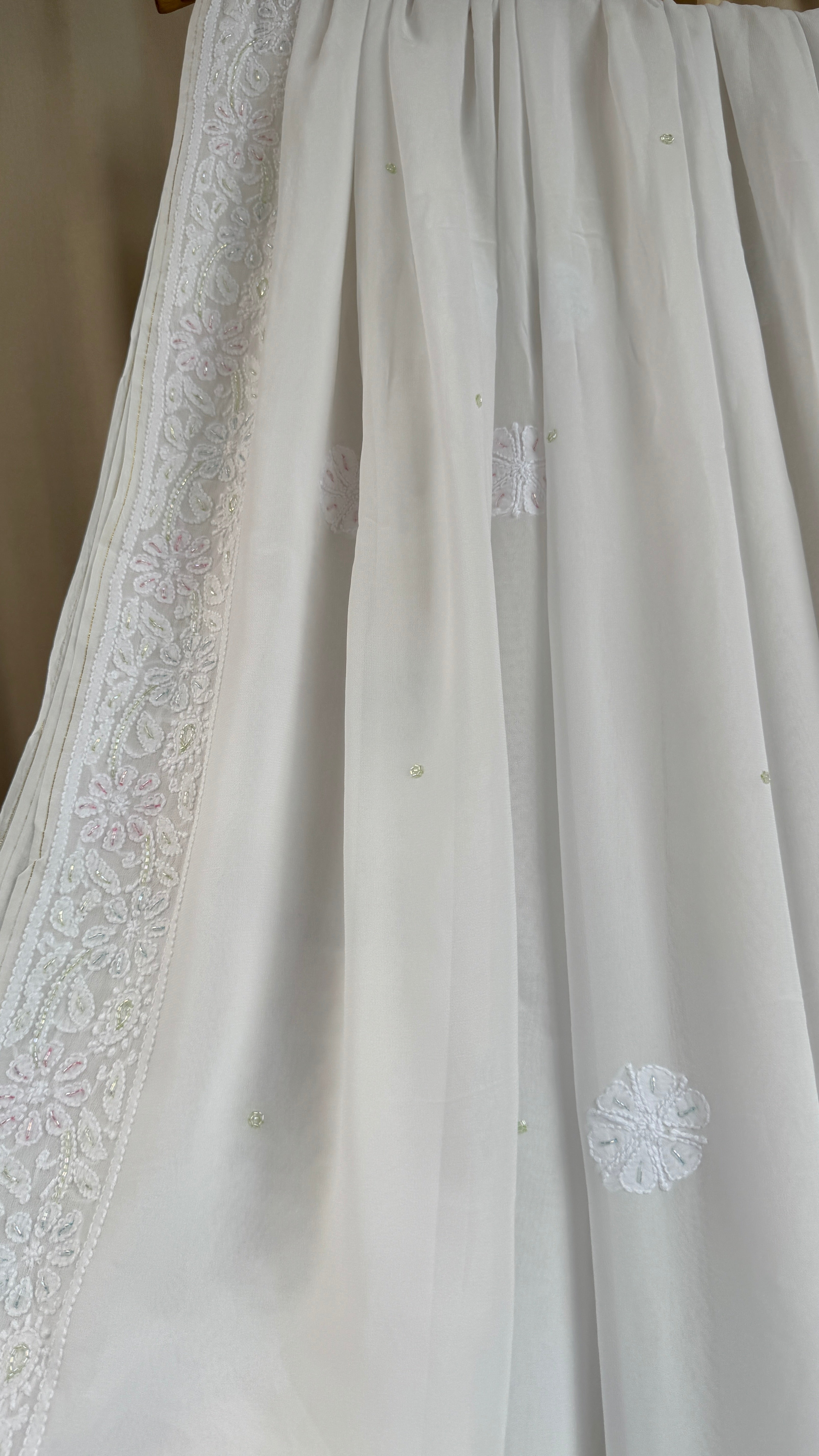 Viscose White Chikankari saree with Pearl embellishments