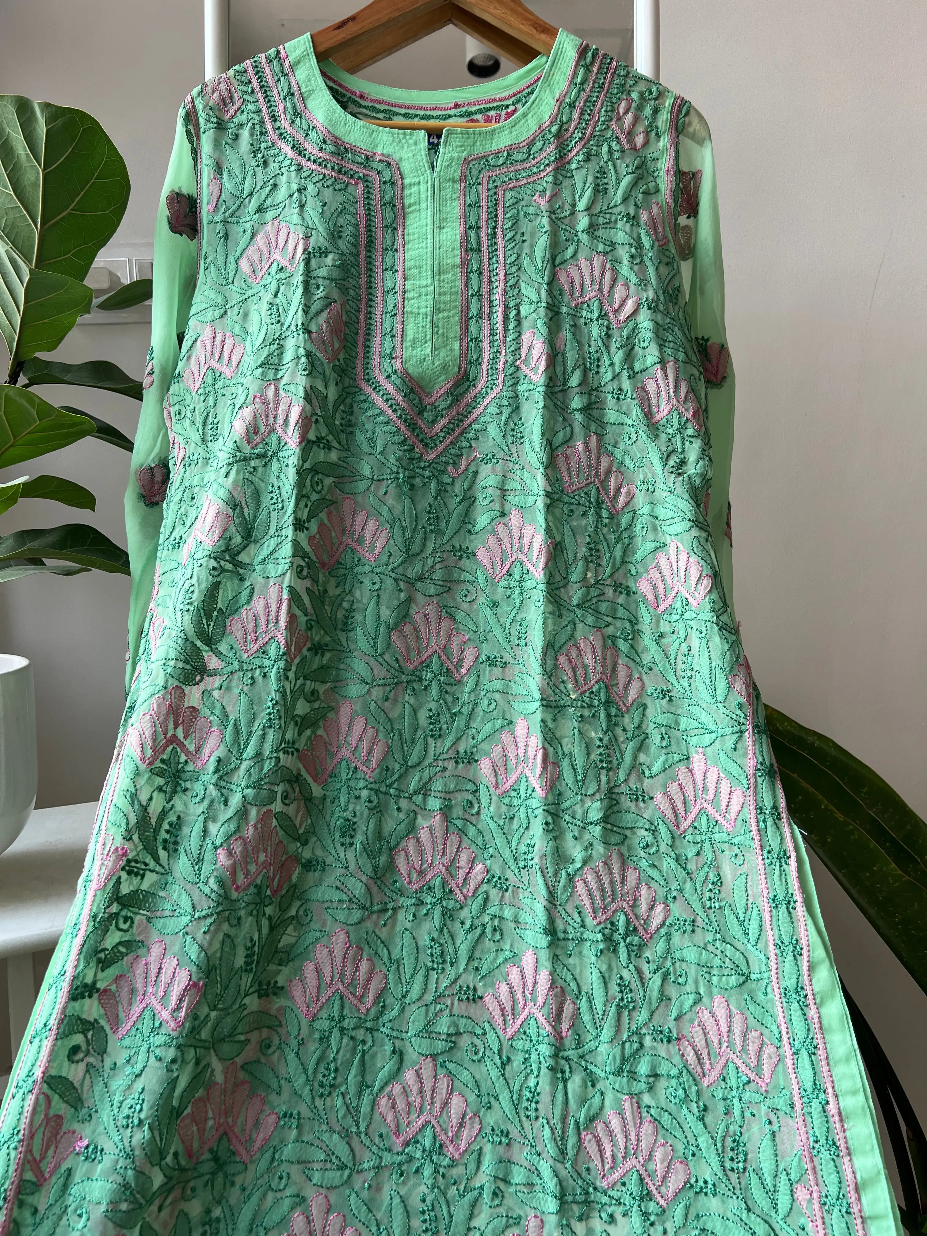 Chikankari Resham Full Jaal Kurti - Green ARIAA CHIKANKARI