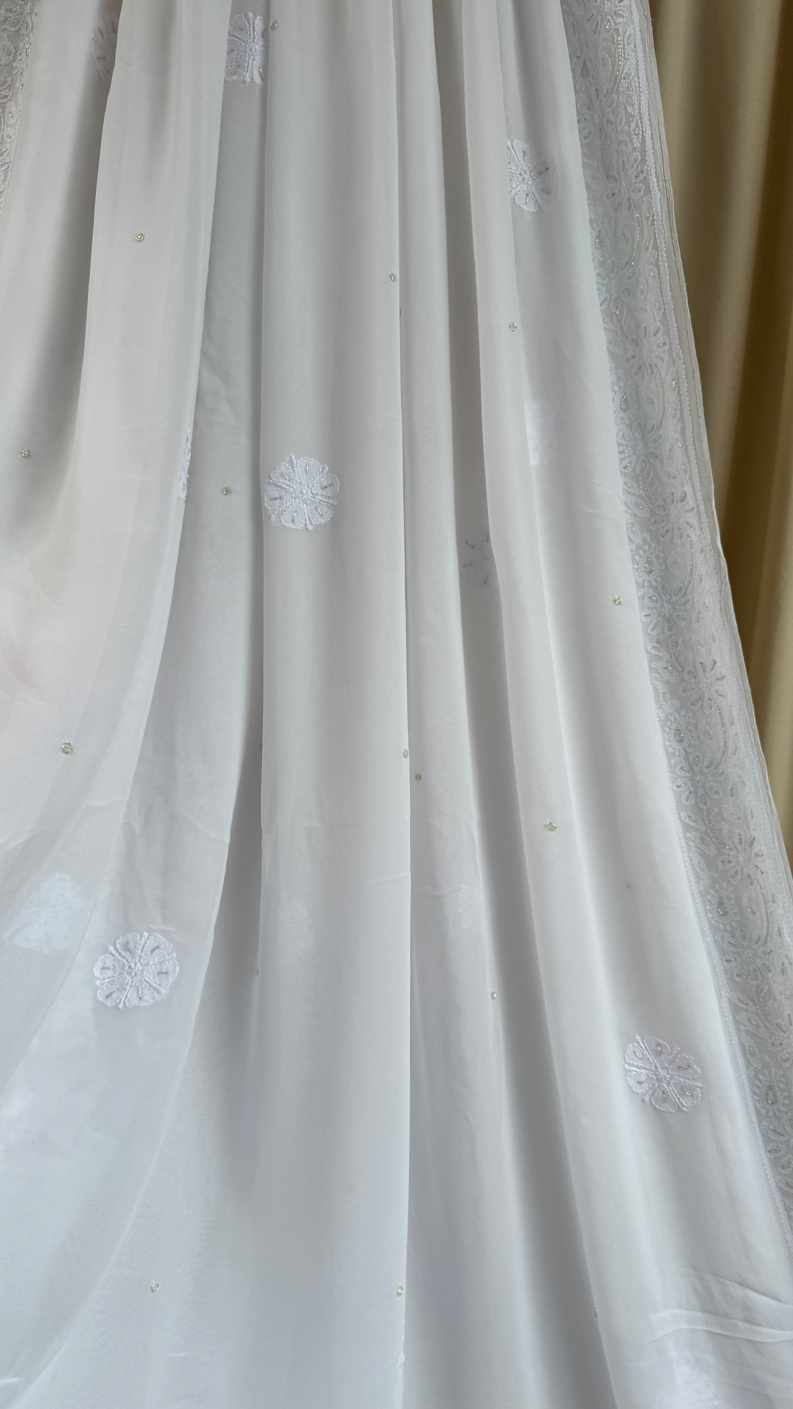 Viscose White Chikankari saree with Pearl embellishments