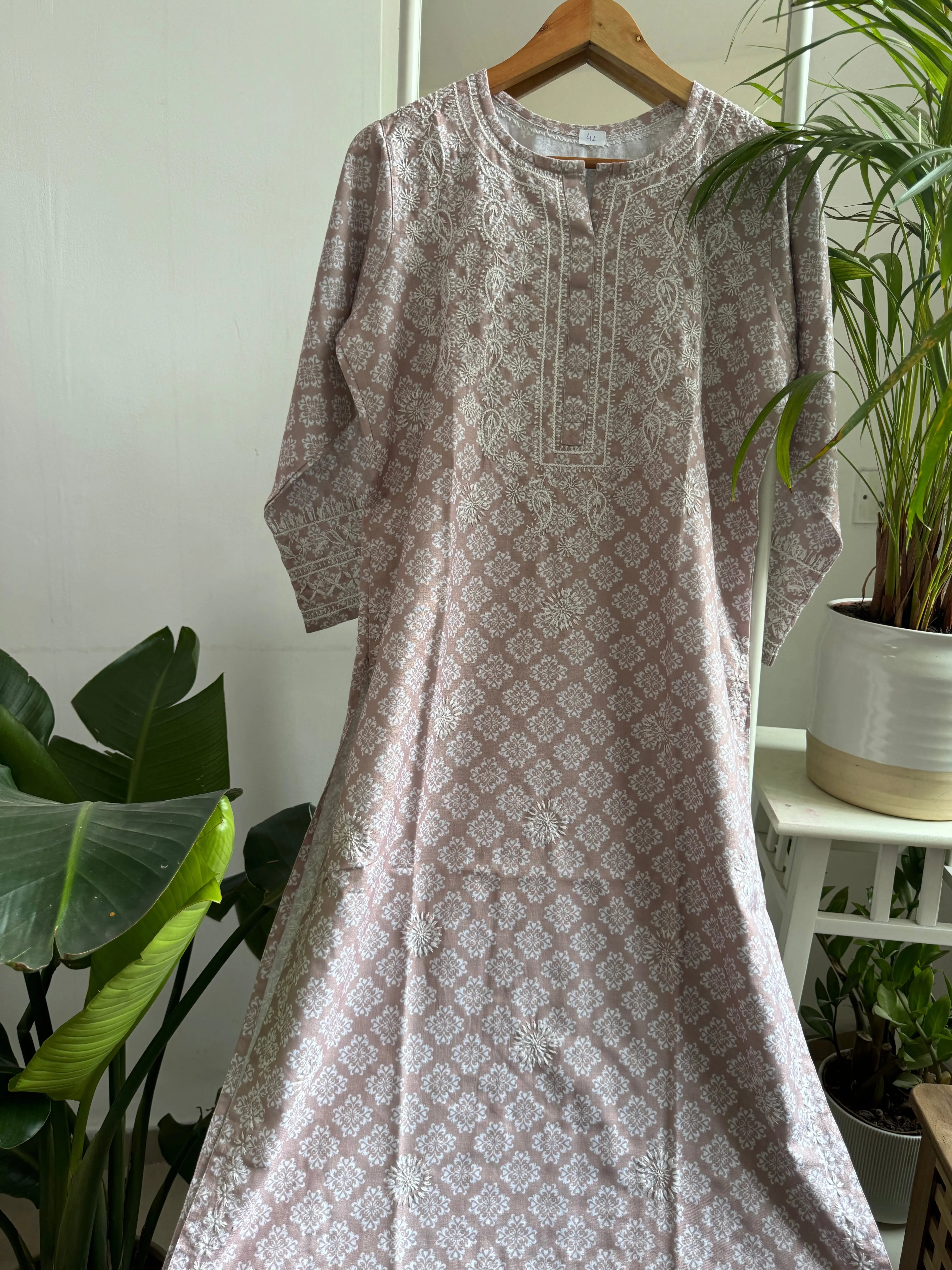 Cotton Printed Chikankari Kurti - Brown ARIAA CHIKANKARI