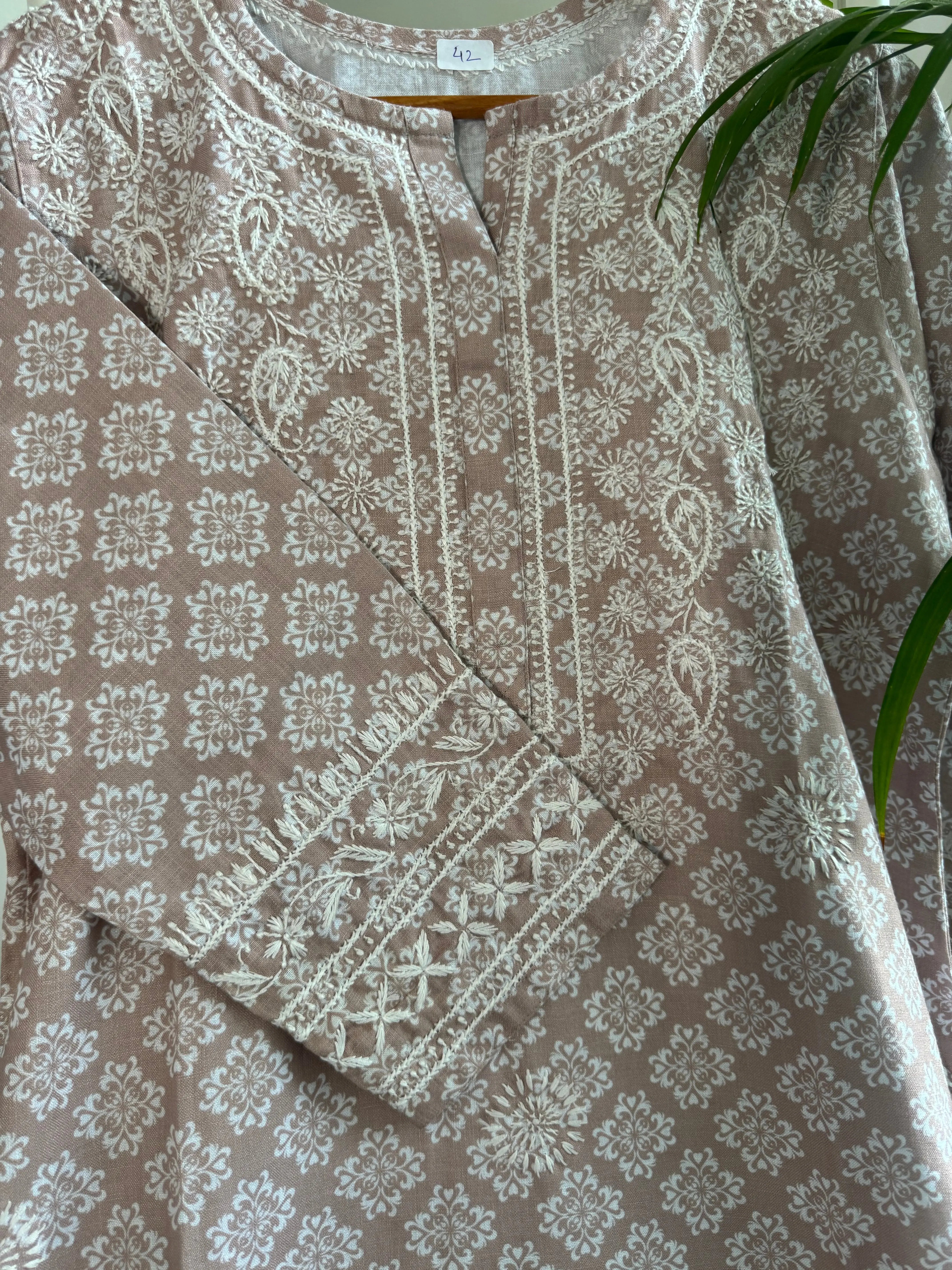 Cotton Printed Chikankari Kurti - Brown ARIAA CHIKANKARI