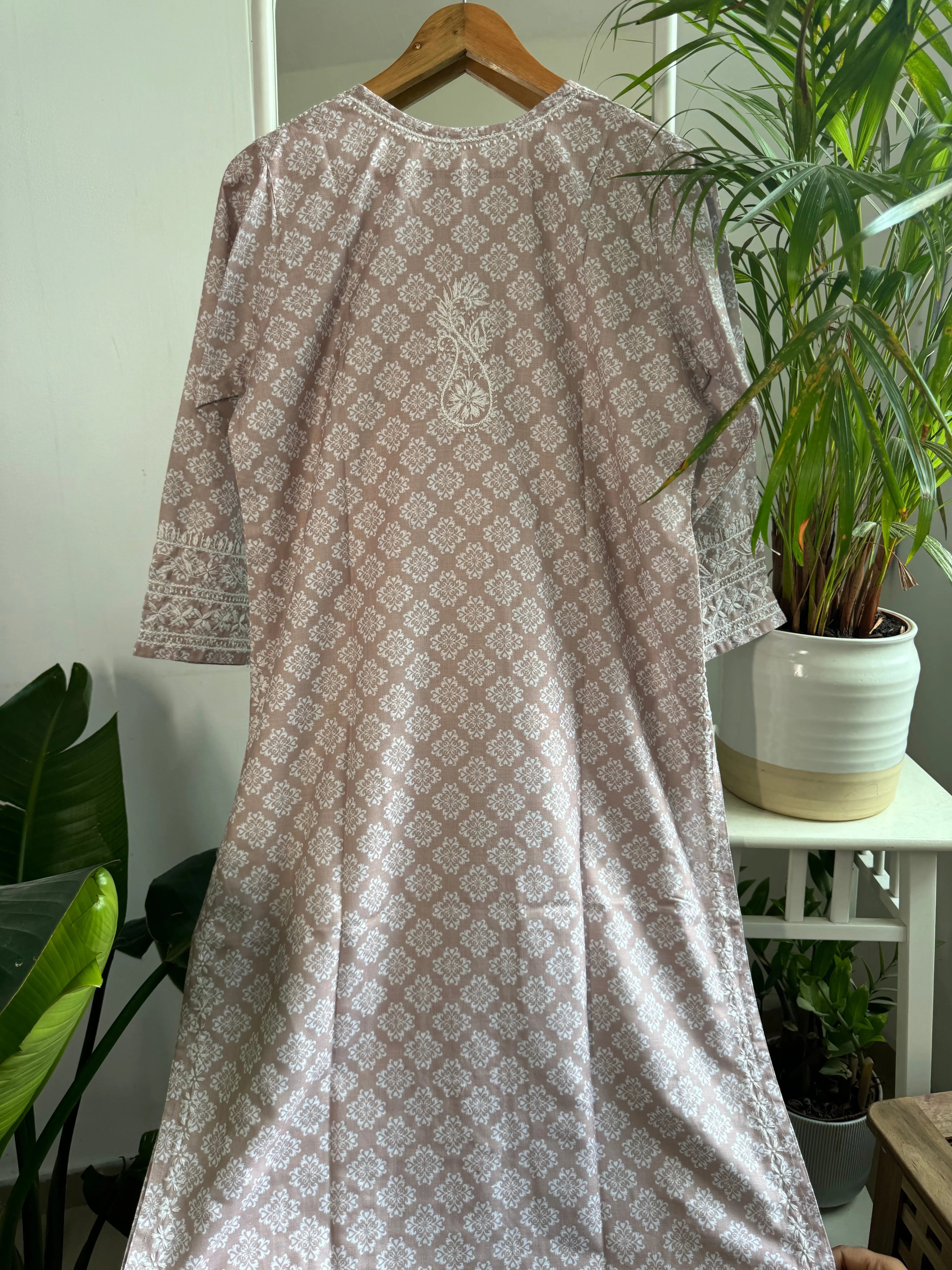 Cotton Printed Chikankari Kurti - Brown ARIAA CHIKANKARI