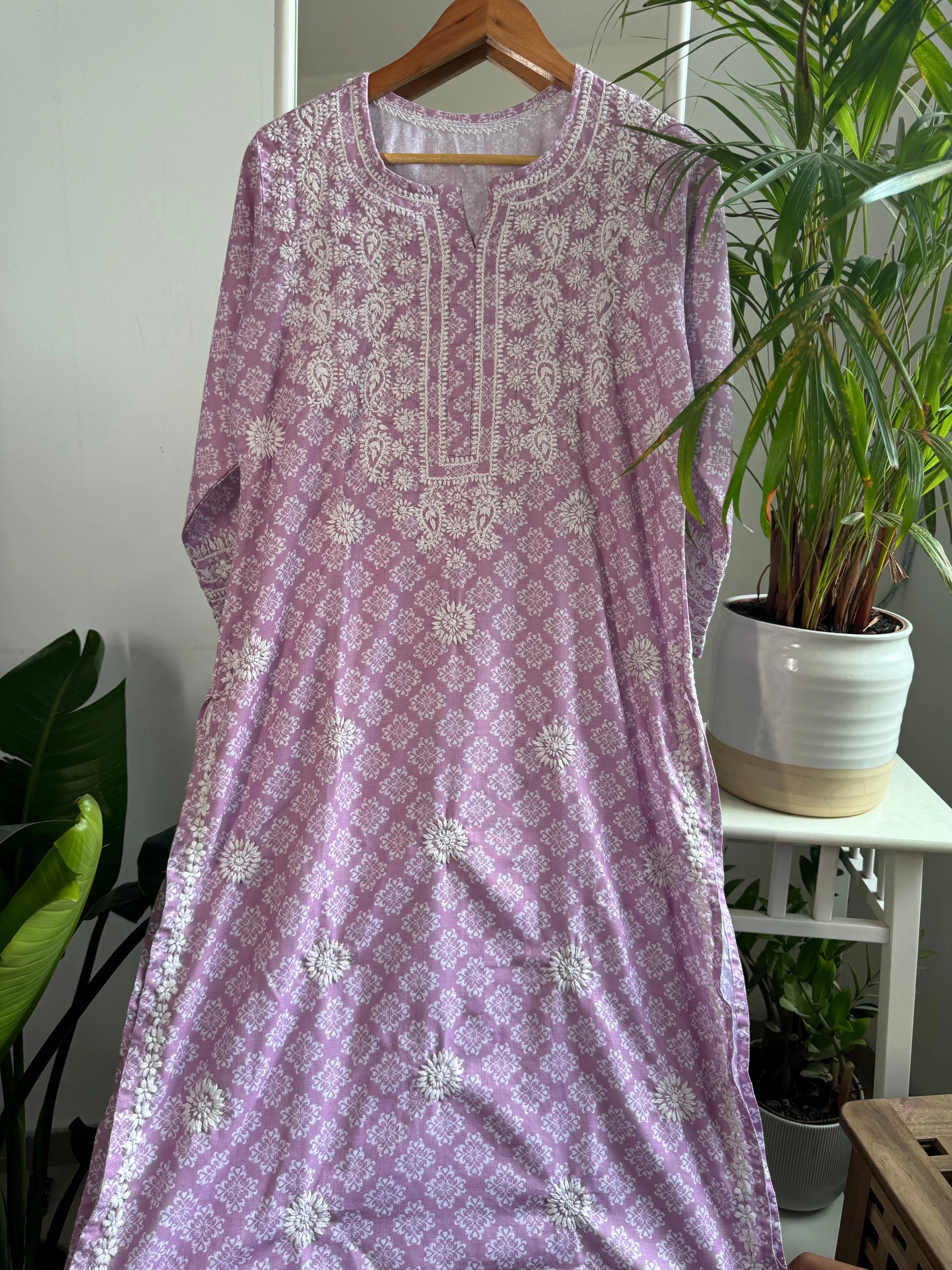 Cotton Printed Chikankari Kurti - Lilac ARIAA CHIKANKARI