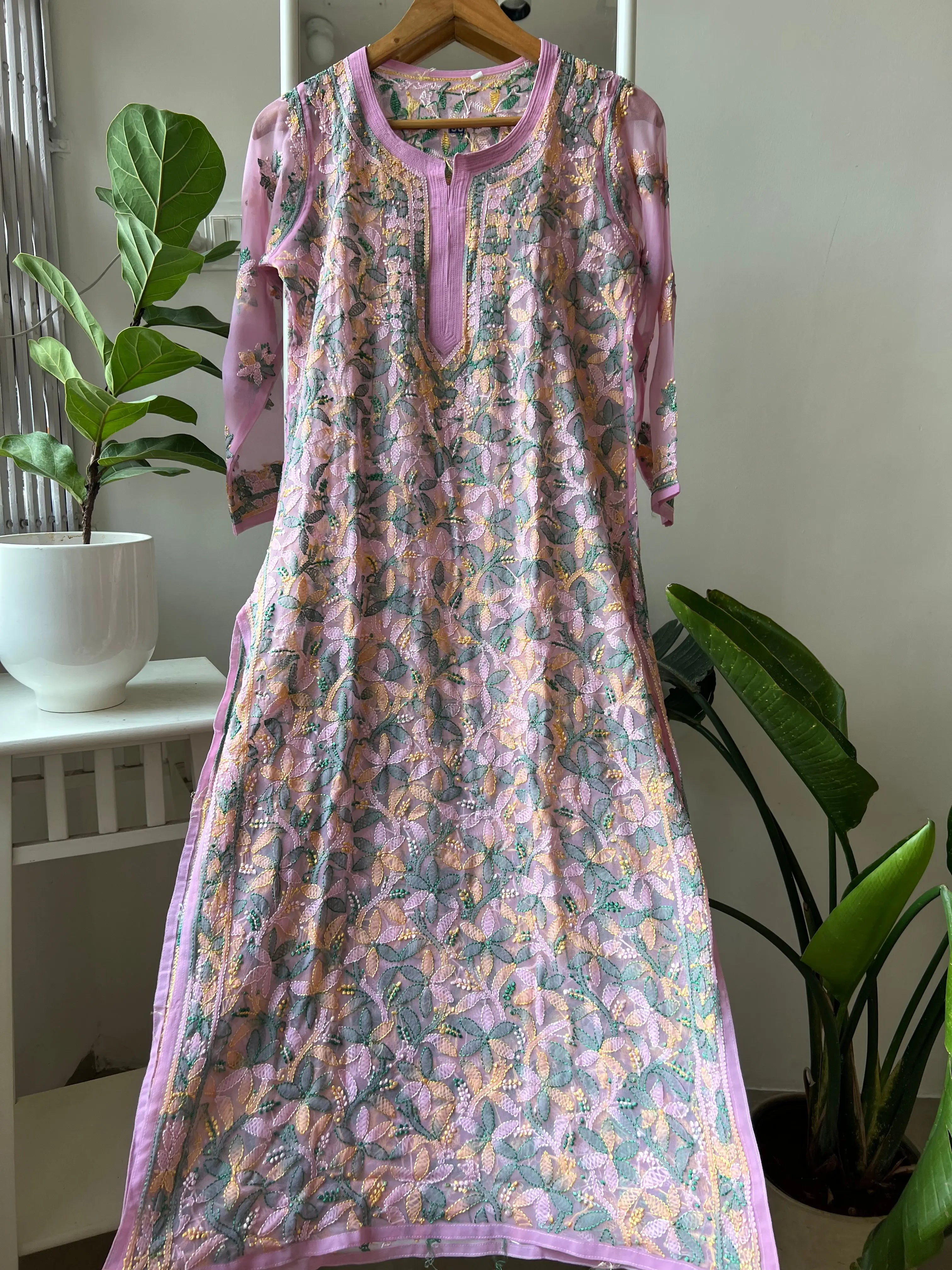 Chikankari Resham Full Jaal Kurti - Pink Multi-Color ARIAA CHIKANKARI