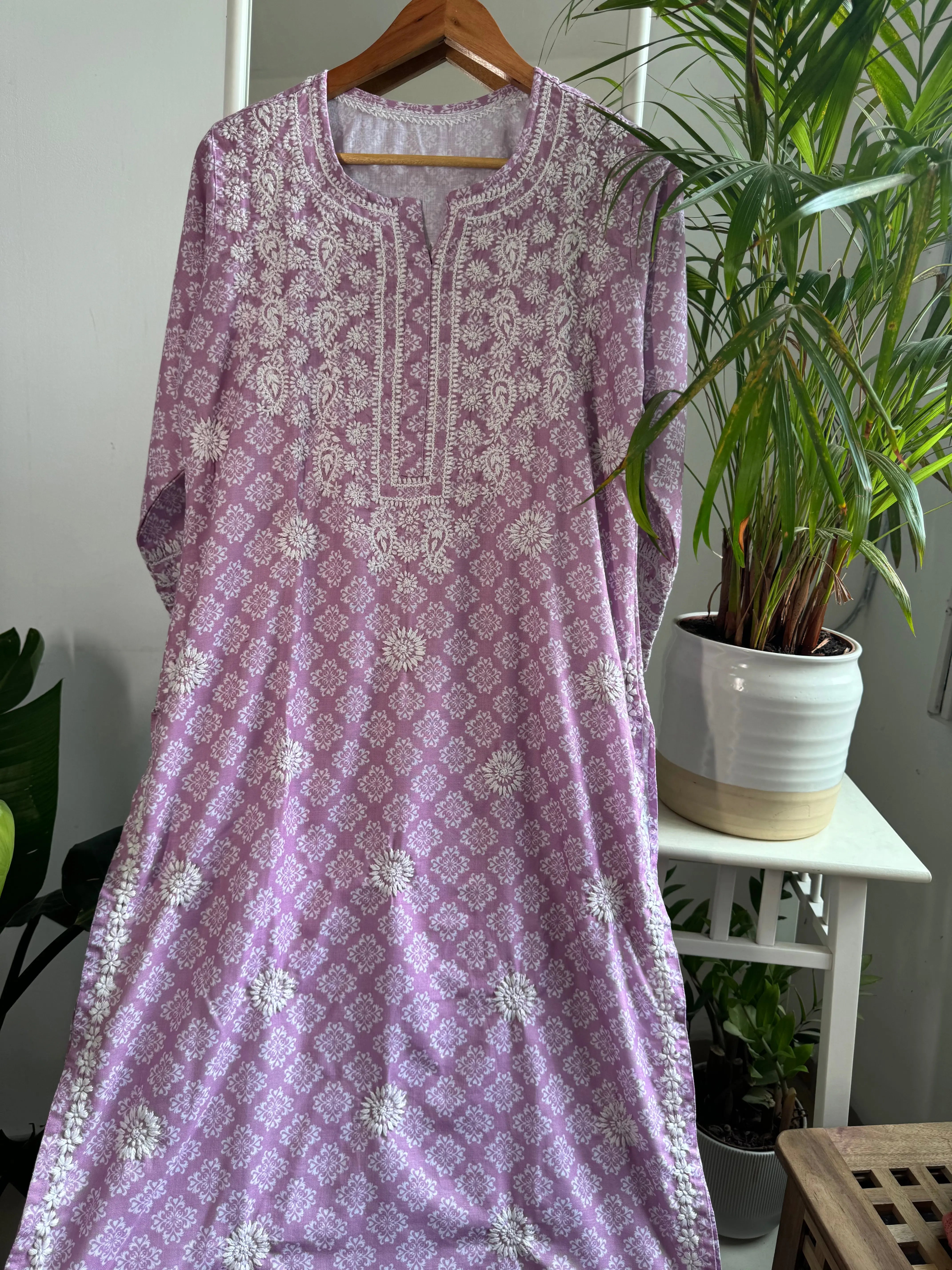 Cotton Printed Chikankari Kurti - Lilac ARIAA CHIKANKARI