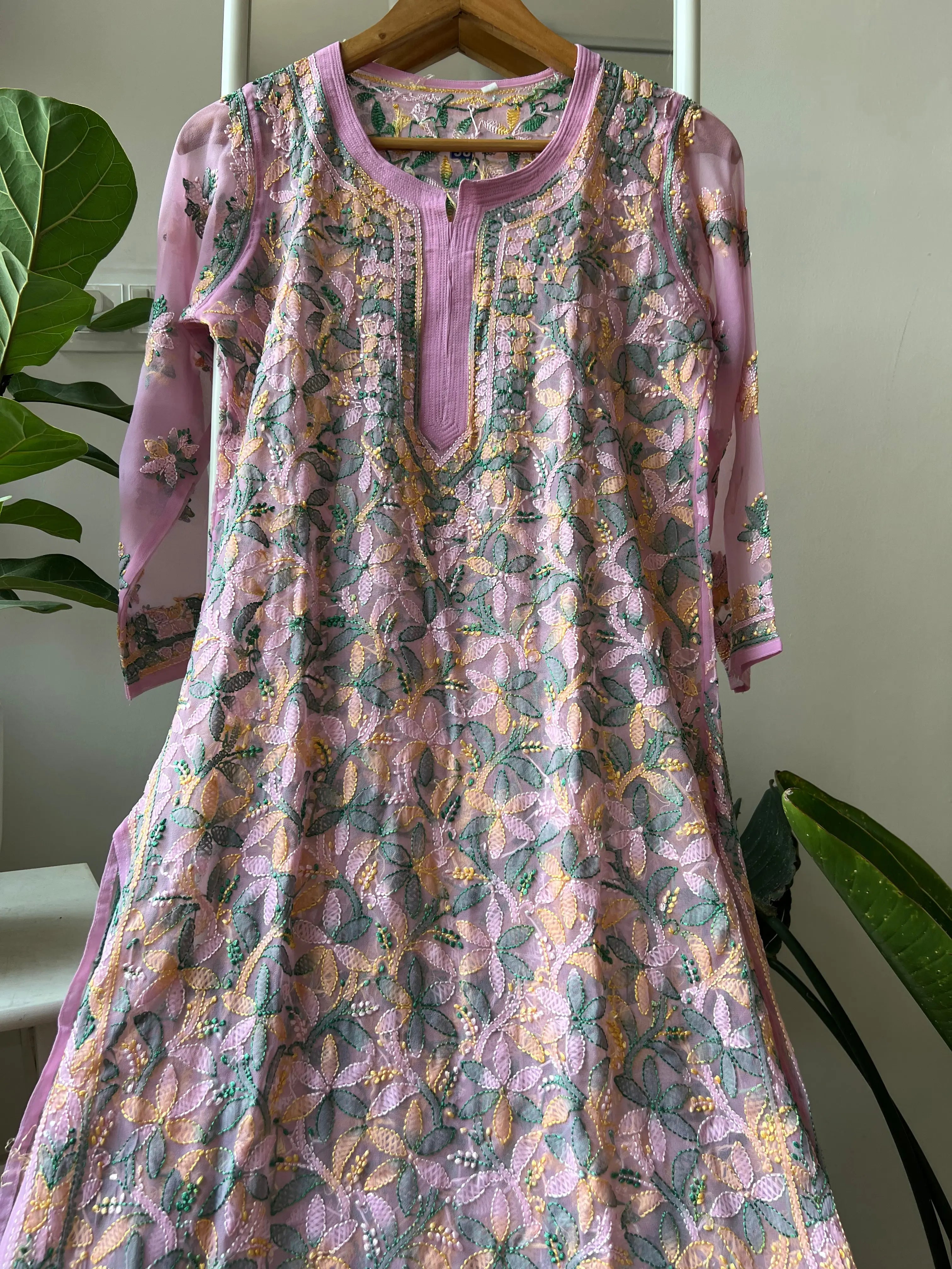 Chikankari Resham Full Jaal Kurti - Pink Multi-Color ARIAA CHIKANKARI