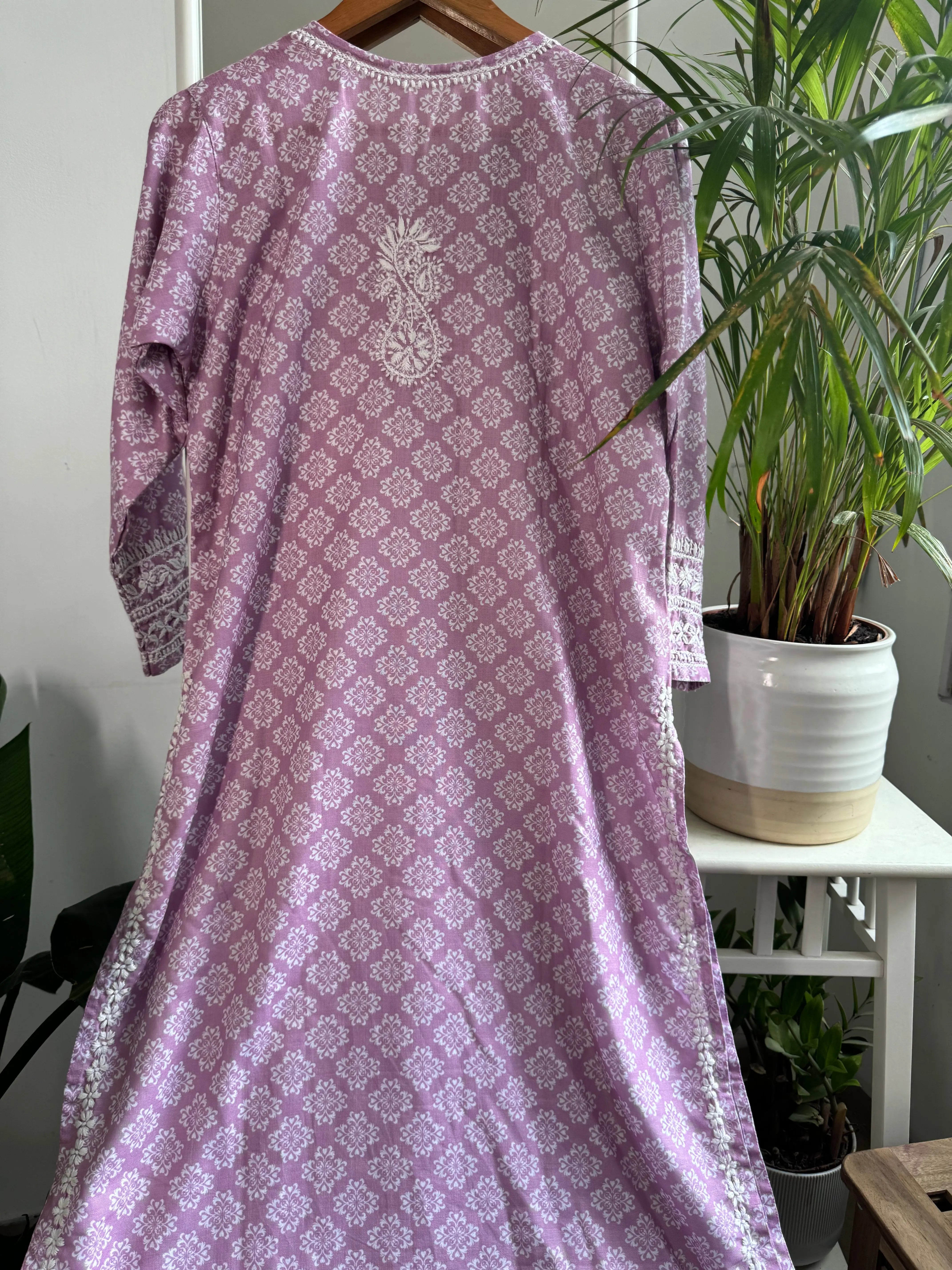 Cotton Printed Chikankari Kurti - Lilac ARIAA CHIKANKARI