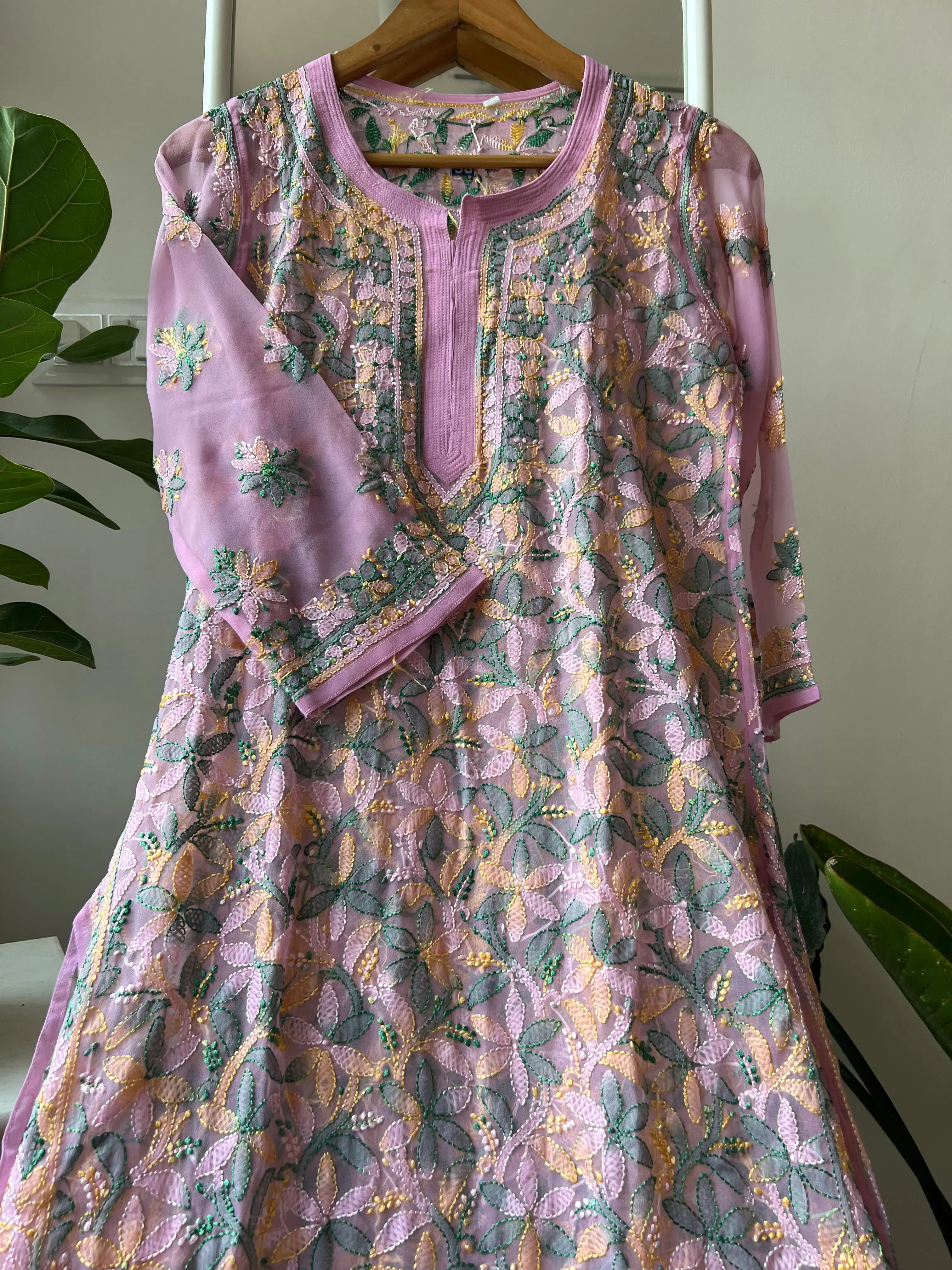 Chikankari Resham Full Jaal Kurti - Pink Multi-Color ARIAA CHIKANKARI