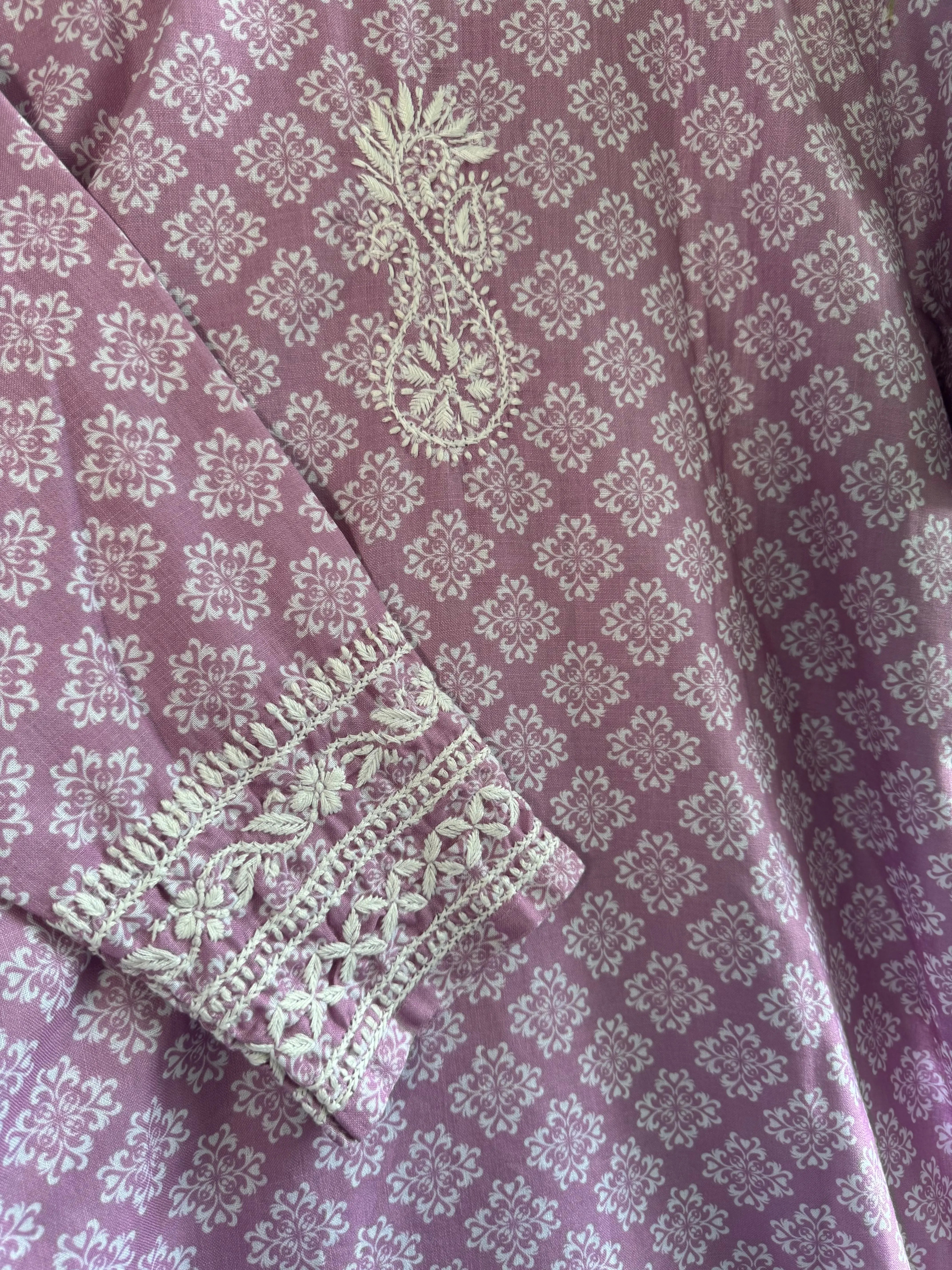 Cotton Printed Chikankari Kurti - Lilac ARIAA CHIKANKARI