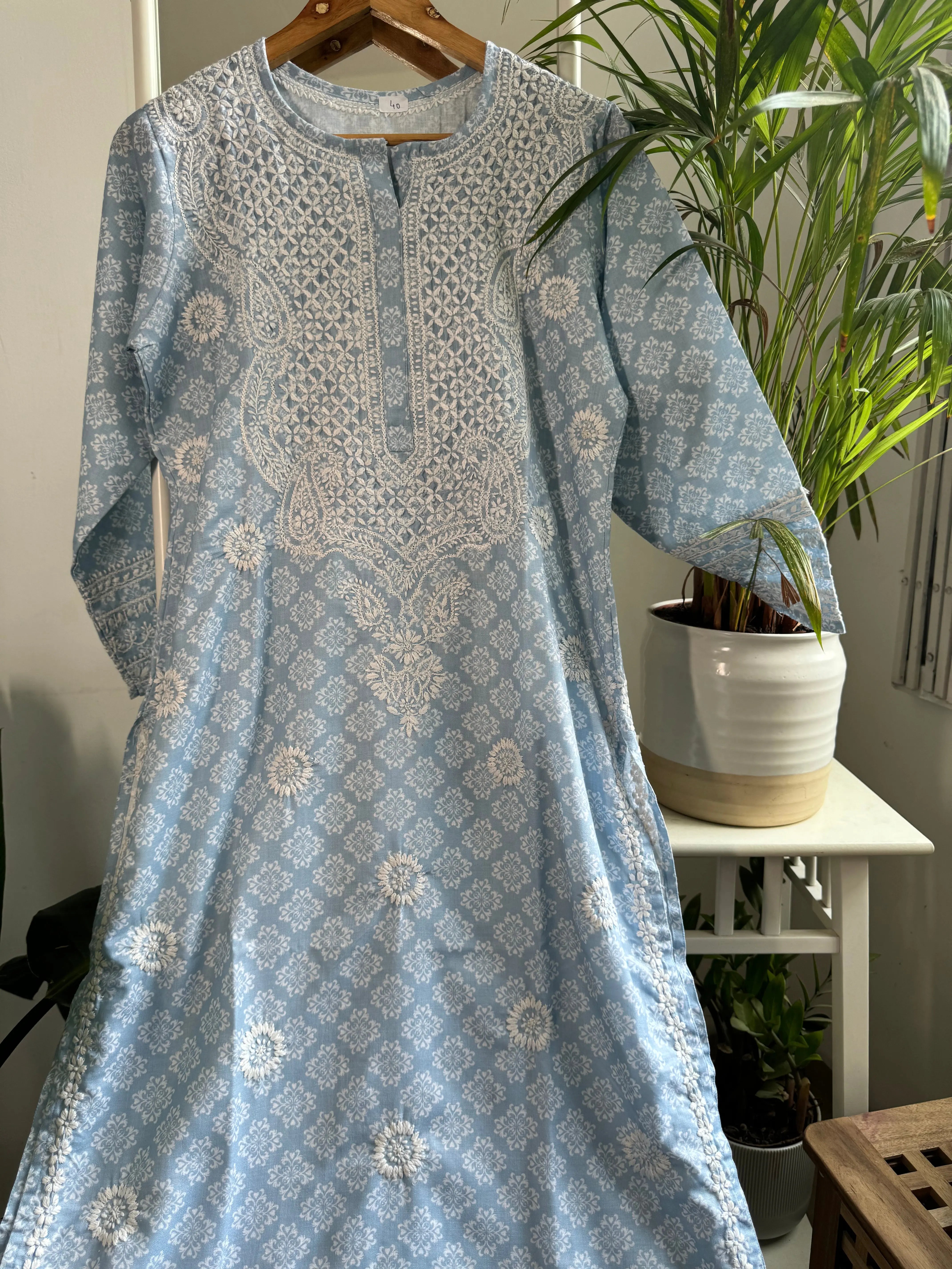Cotton Printed Chikankari Kurti - Blue ARIAA CHIKANKARI