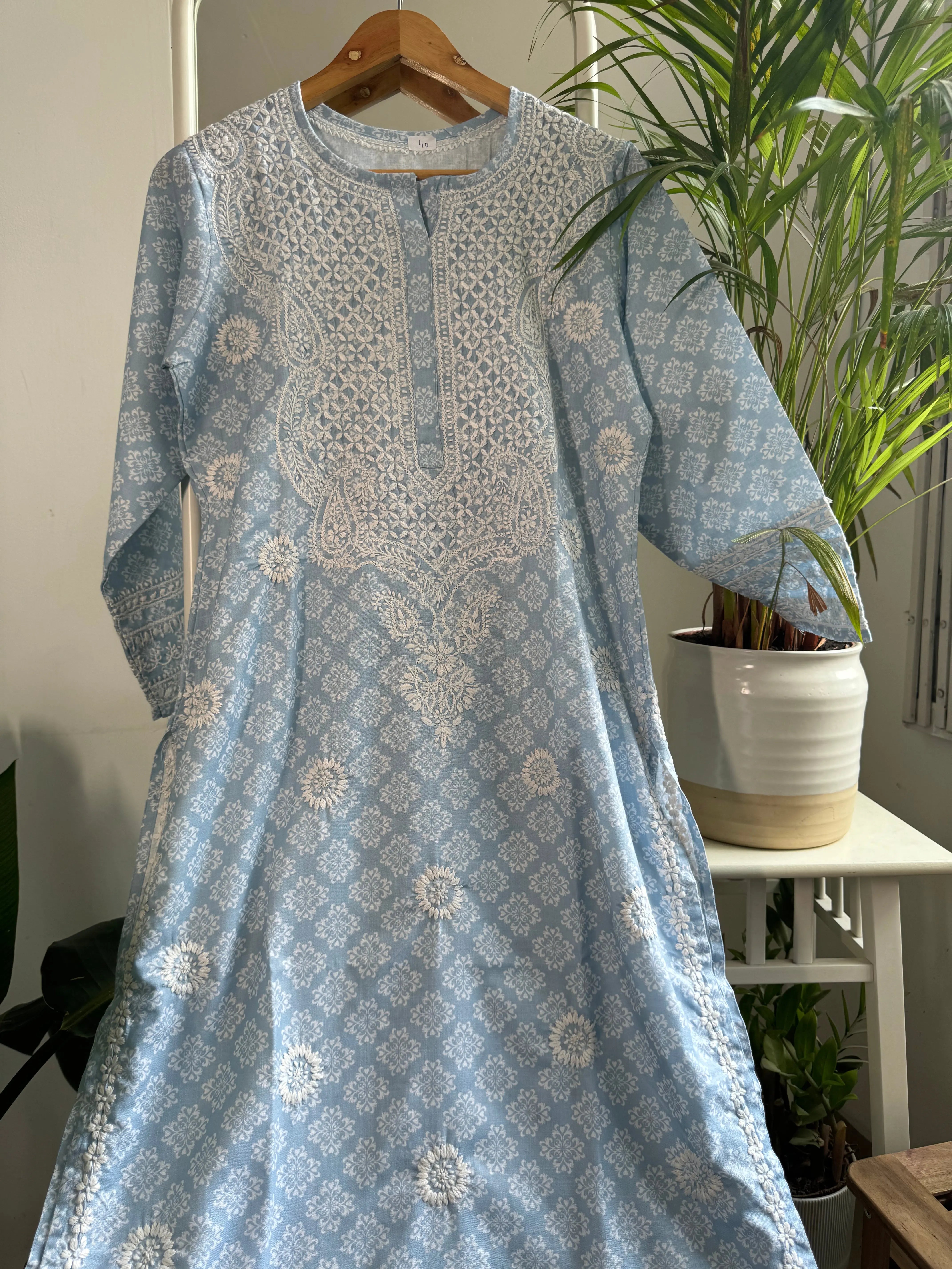 Cotton Printed Chikankari Kurti - Blue ARIAA CHIKANKARI