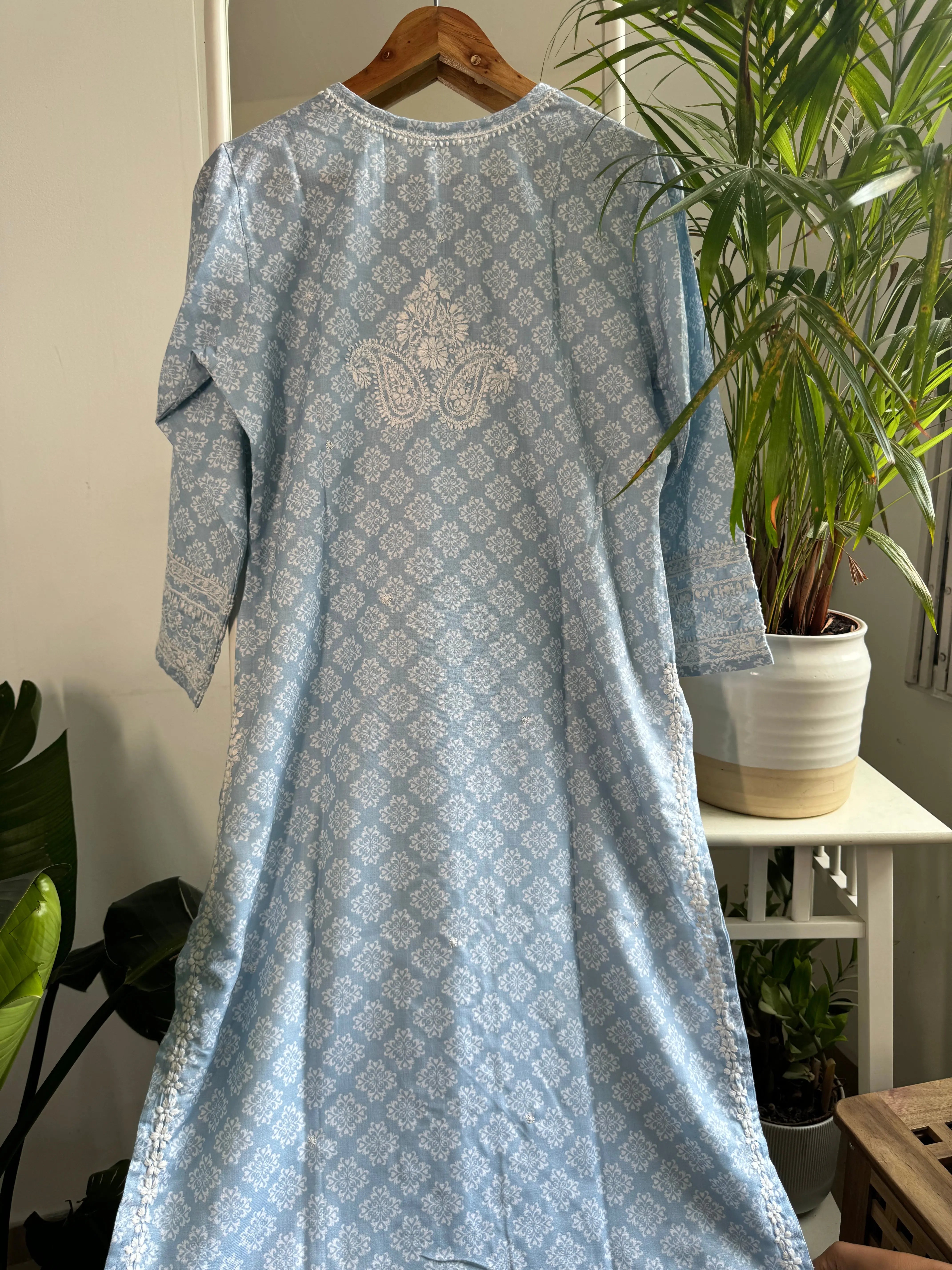 Cotton Printed Chikankari Kurti - Blue ARIAA CHIKANKARI