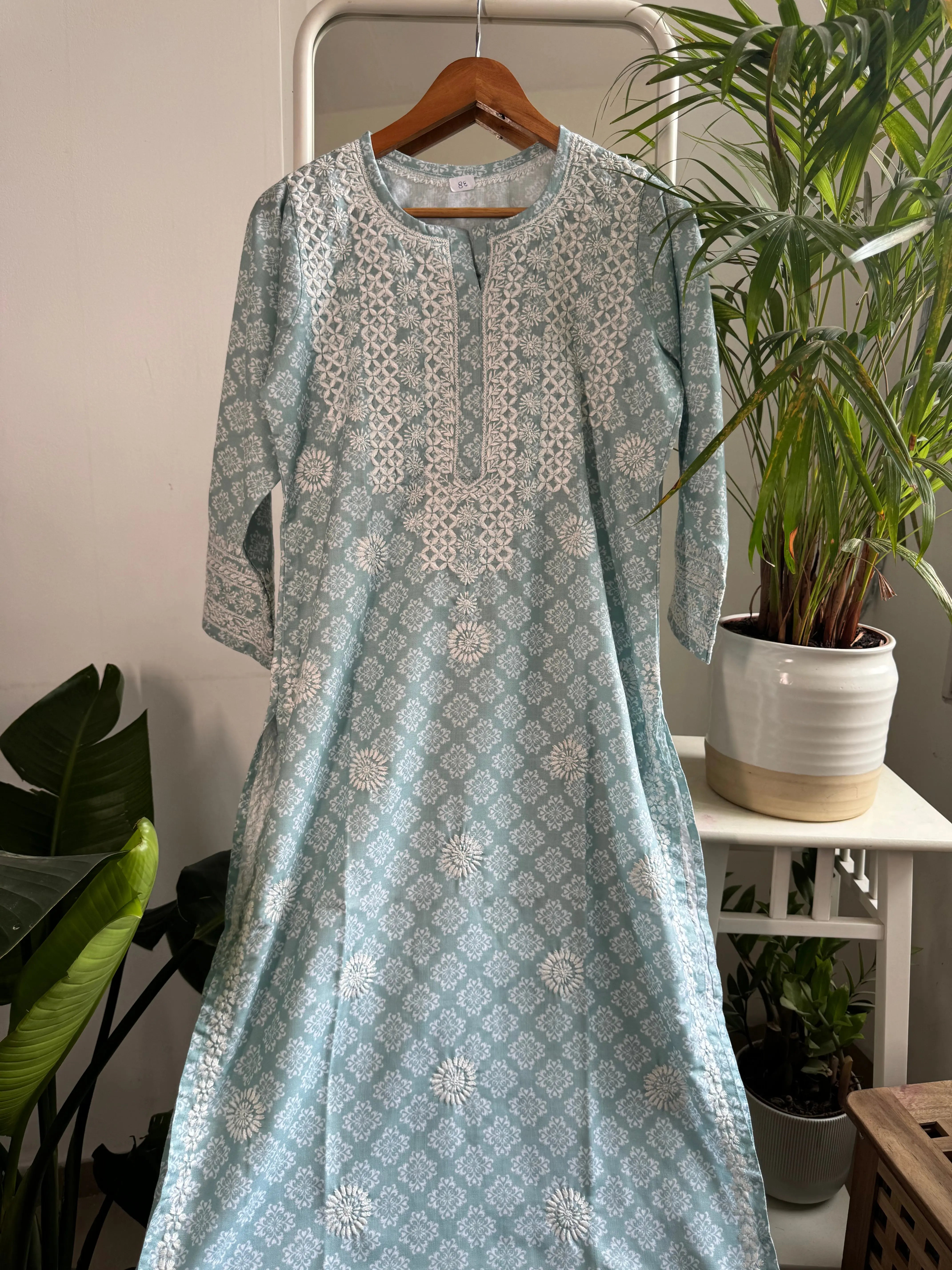 Cotton Printed Chikankari Kurti - Green ARIAA CHIKANKARI