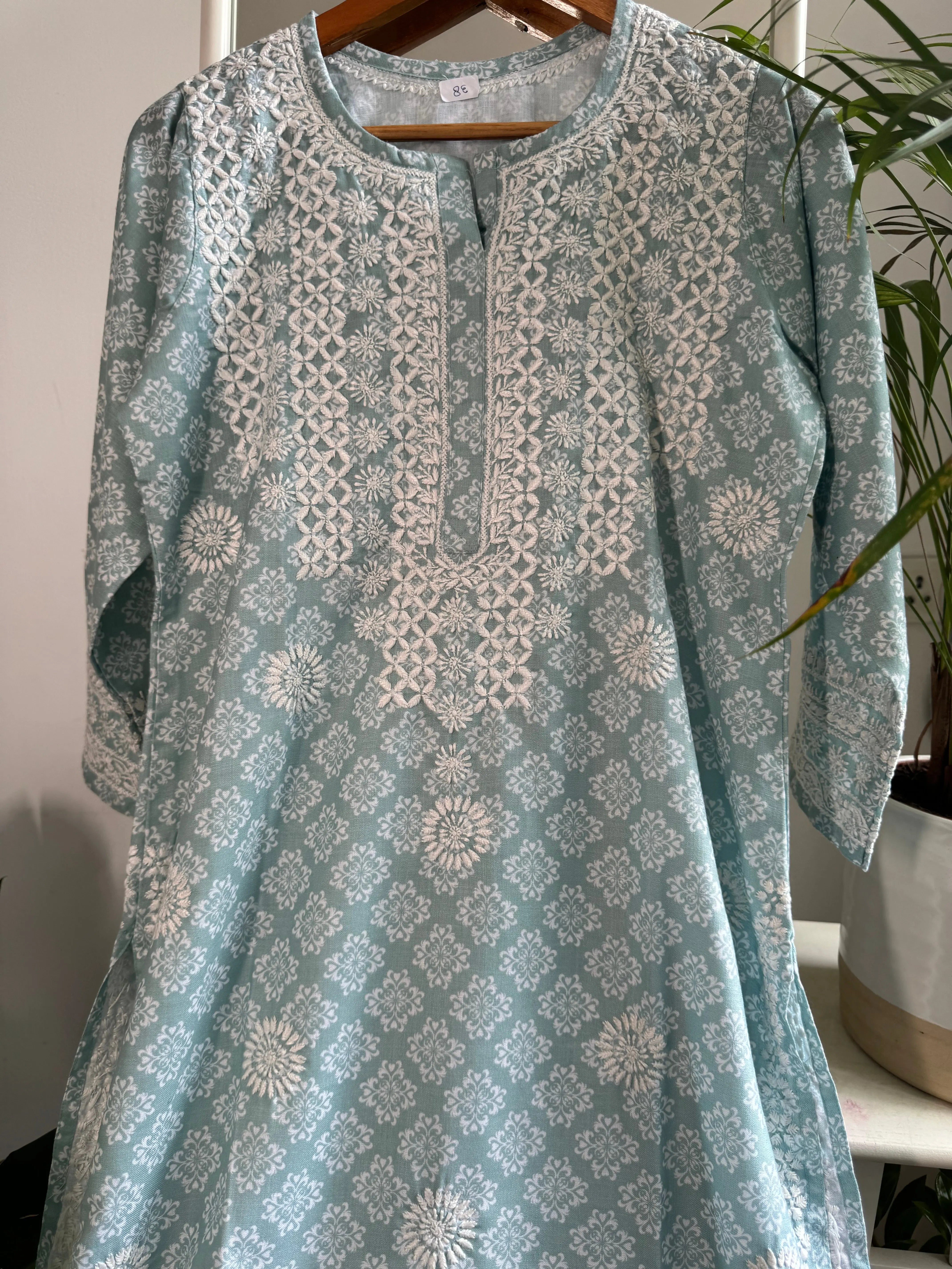 Cotton Printed Chikankari Kurti - Green ARIAA CHIKANKARI