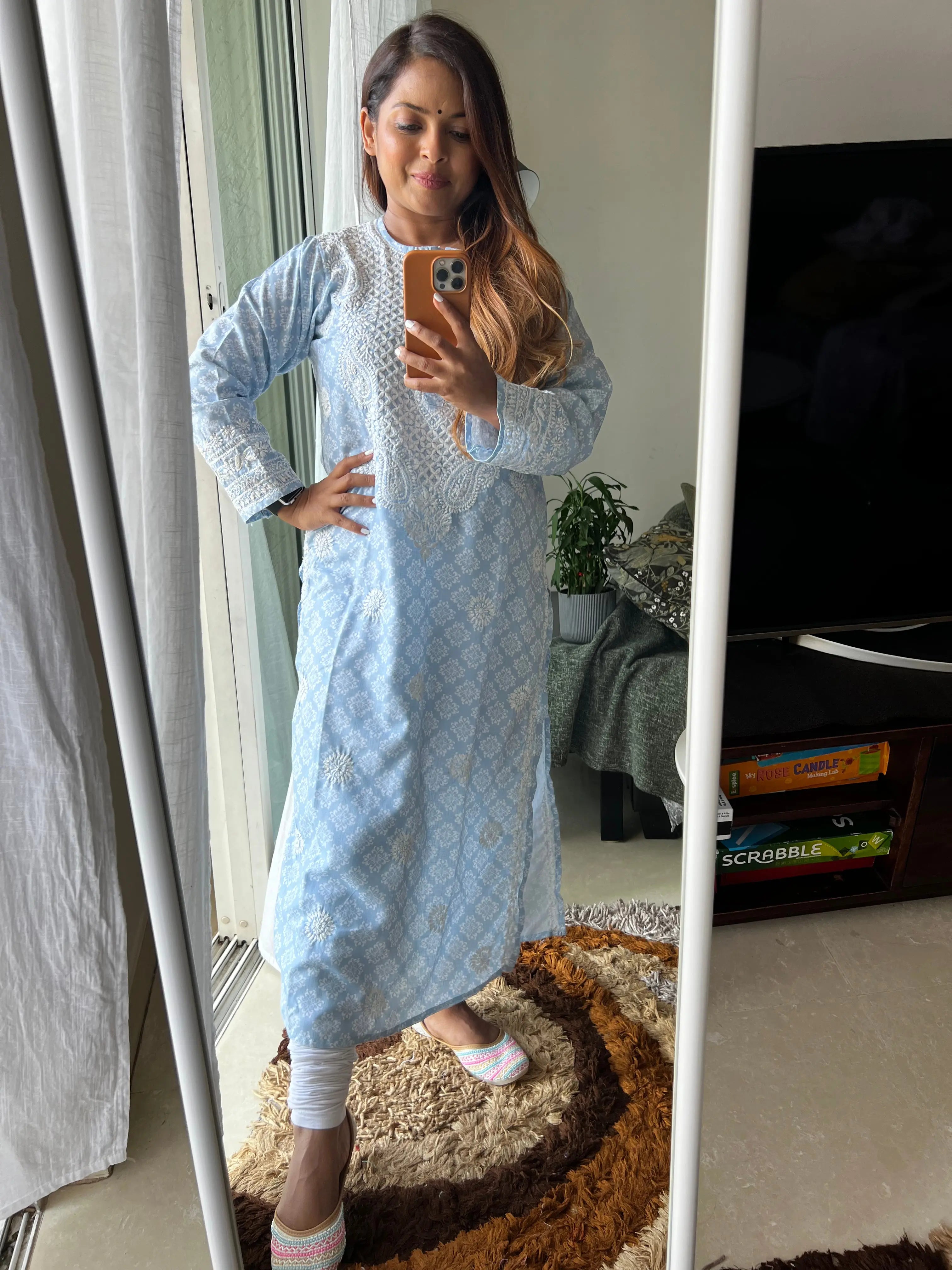Cotton Printed Chikankari Kurti - Blue ARIAA CHIKANKARI