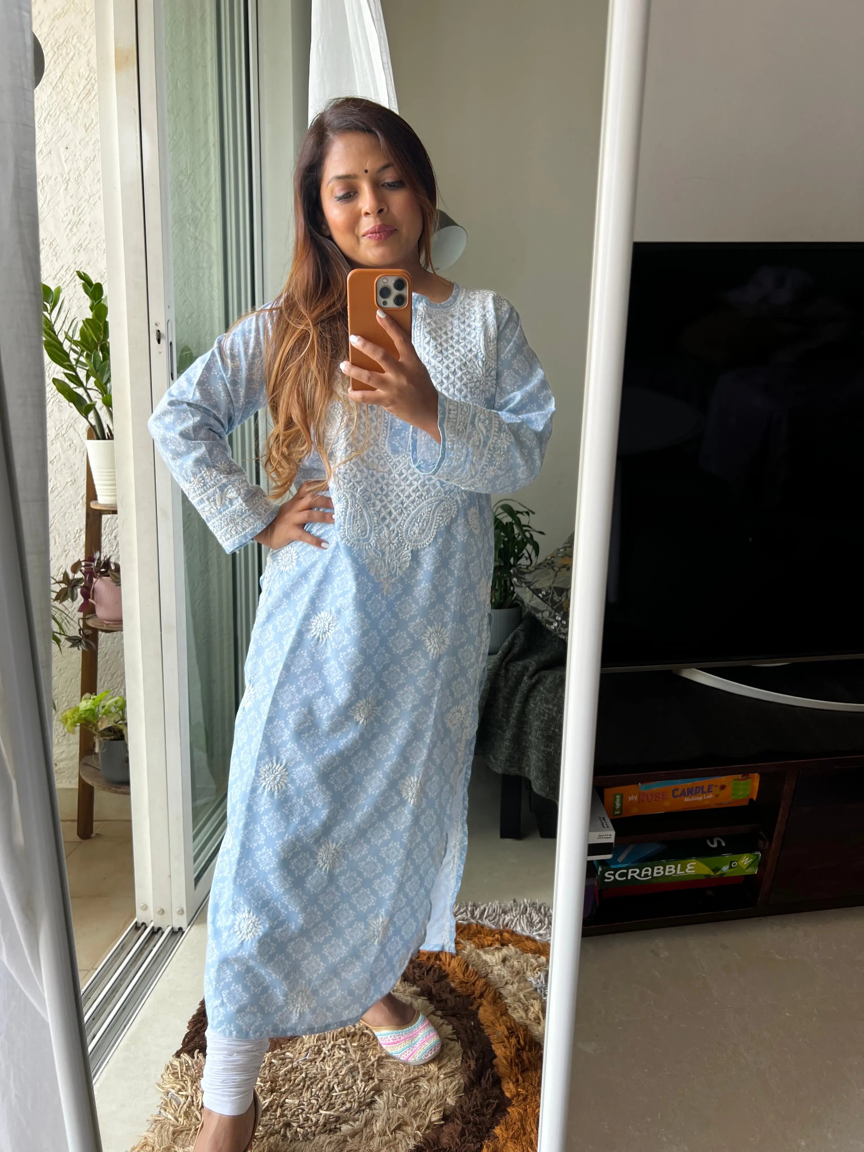Cotton Printed Chikankari Kurti - Blue ARIAA CHIKANKARI