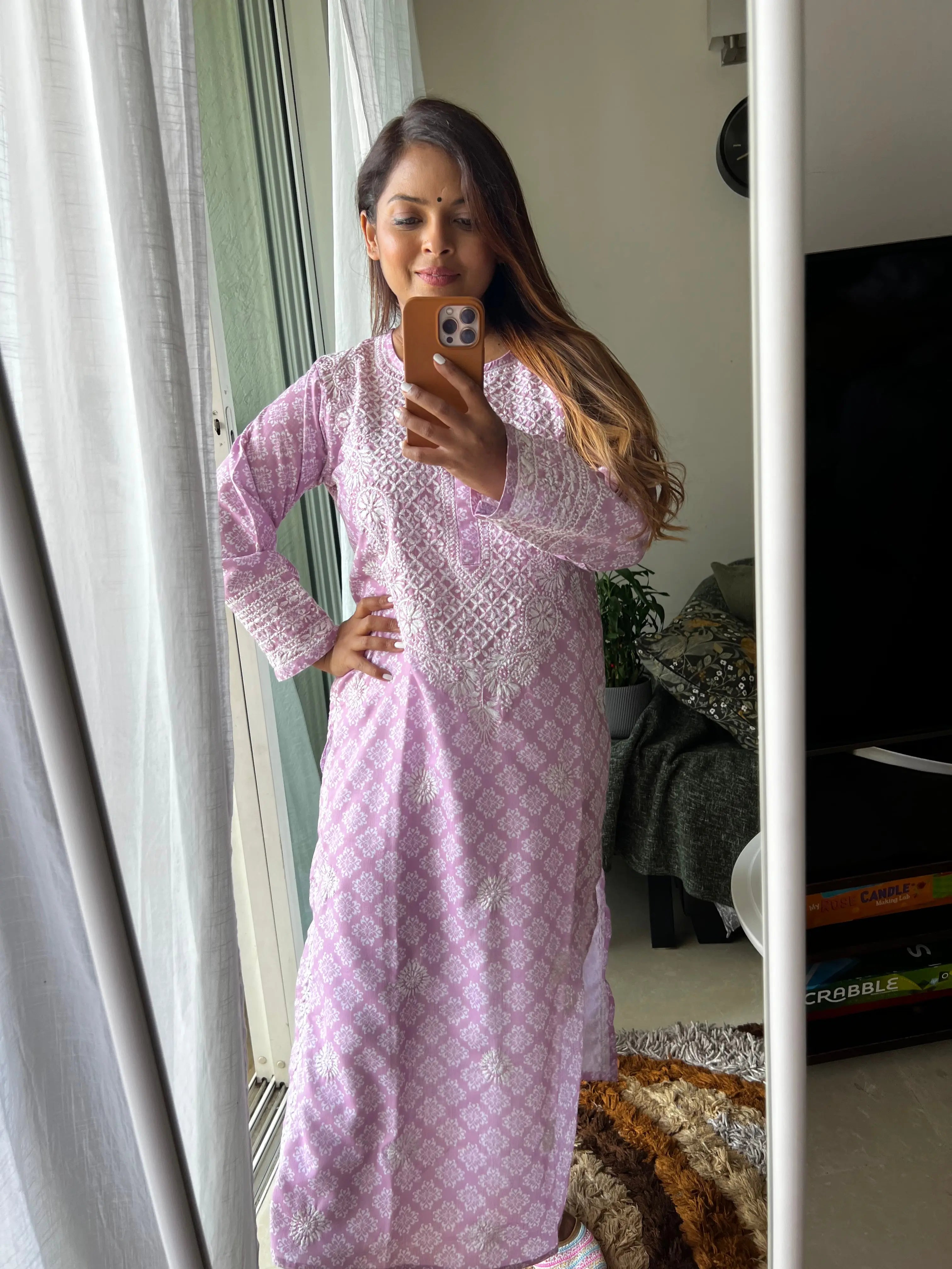 Cotton Printed Chikankari Kurti - Lilac ARIAA CHIKANKARI